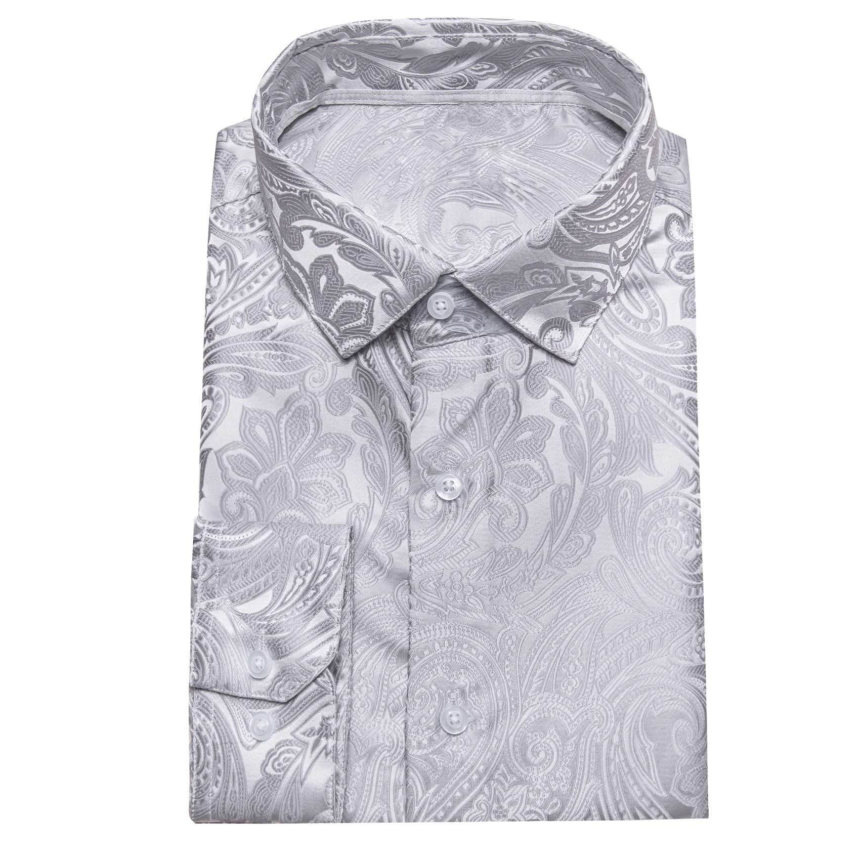Classic Silver Paisley Silk Men's Long Sleeve Shirt