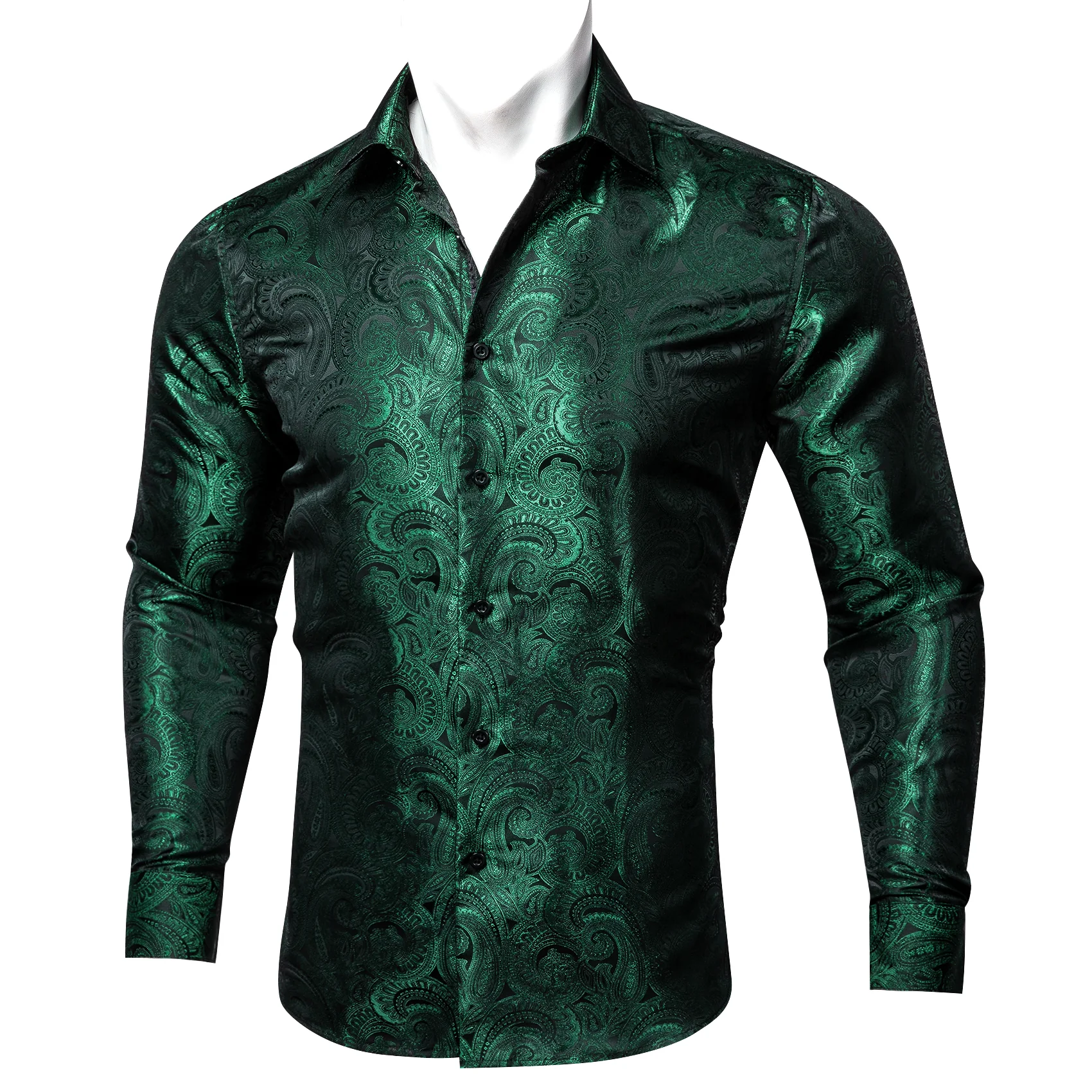 New Luxury Green Paisley Pattern Silk Men's Long Sleeve Shirt