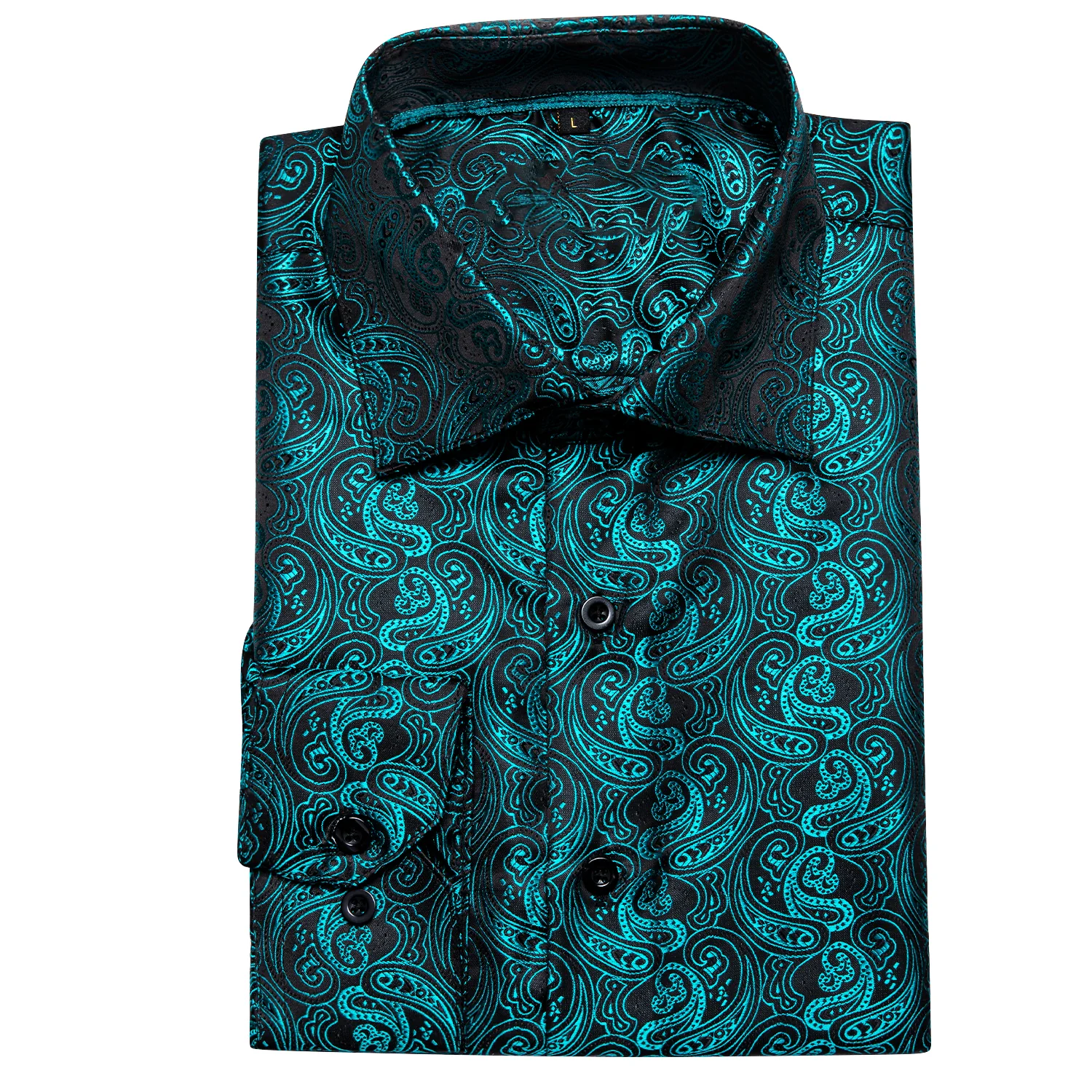 New Black Lake Blue Paisley Pattern Silk Men's Long Sleeve Shirt