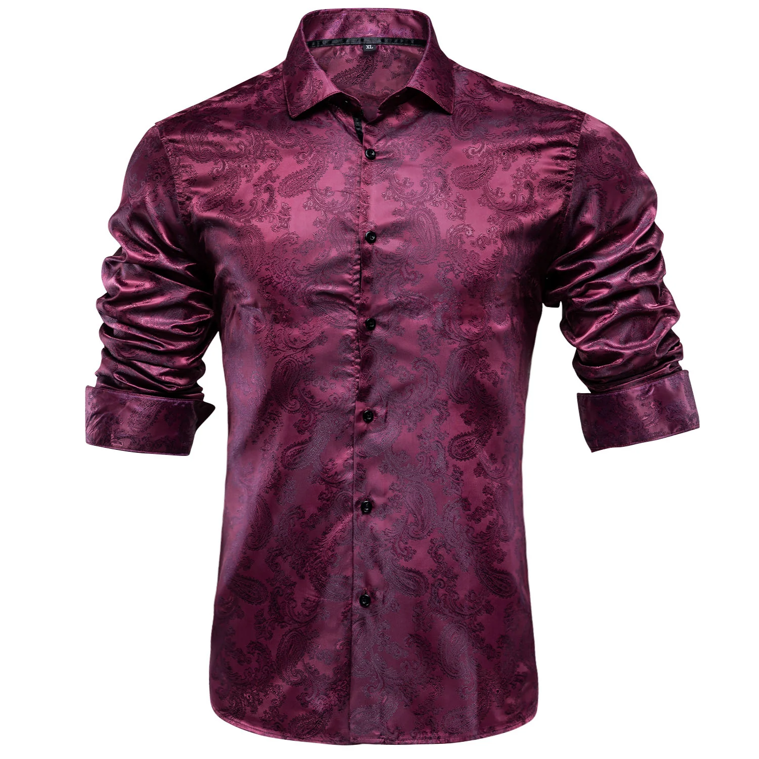New Burgundy Red Paisley Silk Men's Long Sleeve Shirt