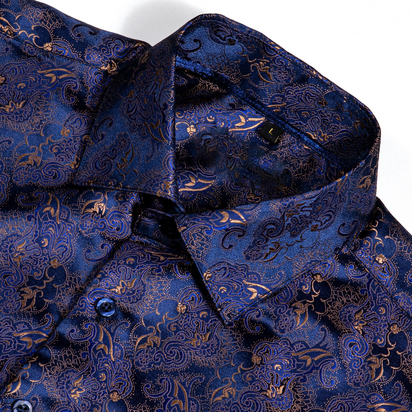 Blue Golden Floral Silk Men's Long Sleeve Shirt