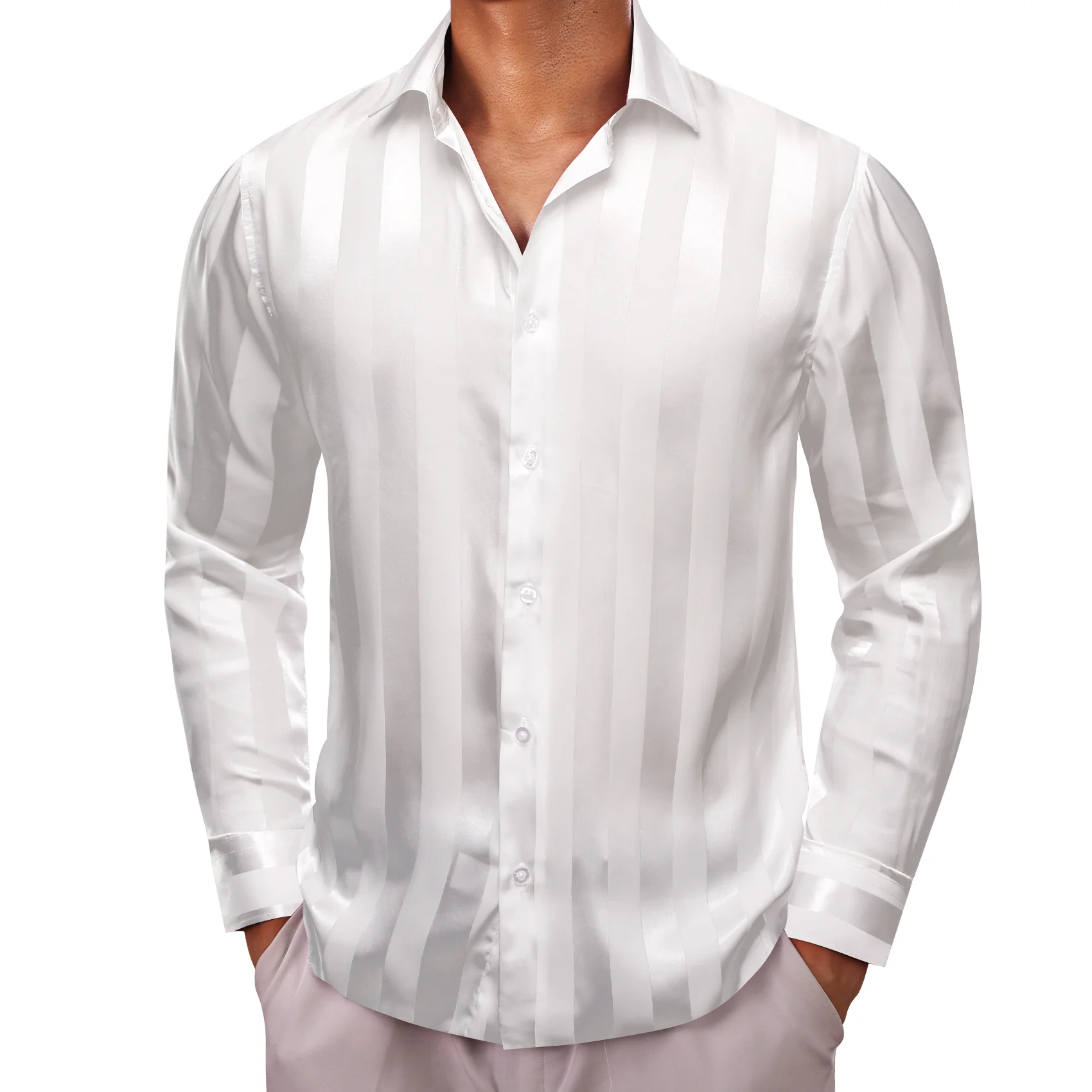 White Striped Shiny Satin Men's Long Sleeve Shirt