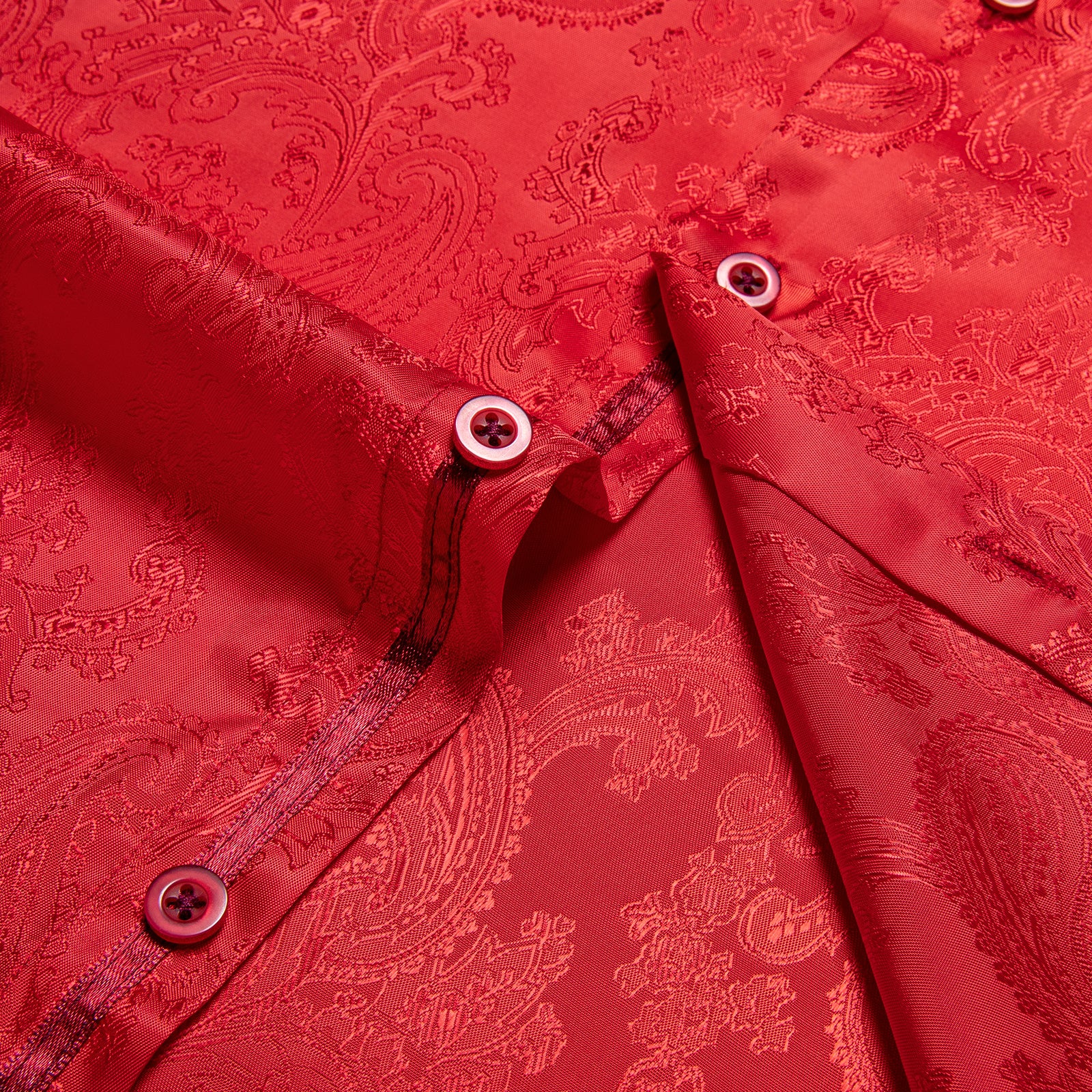 Bright Red Paisley Style Silk Men's Long Sleeve Shirt