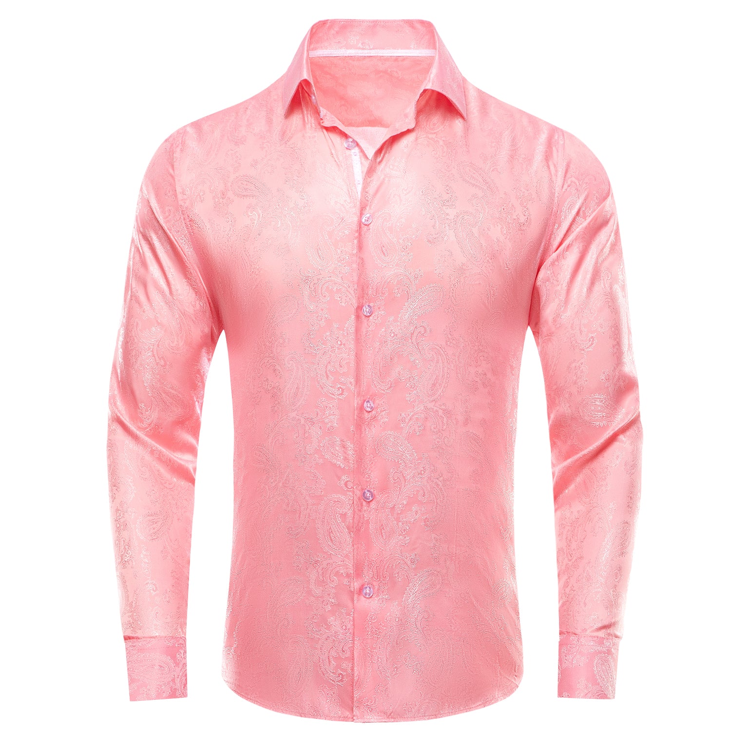 Coral Pink Solid Satin Men's Long Sleeve Shirt