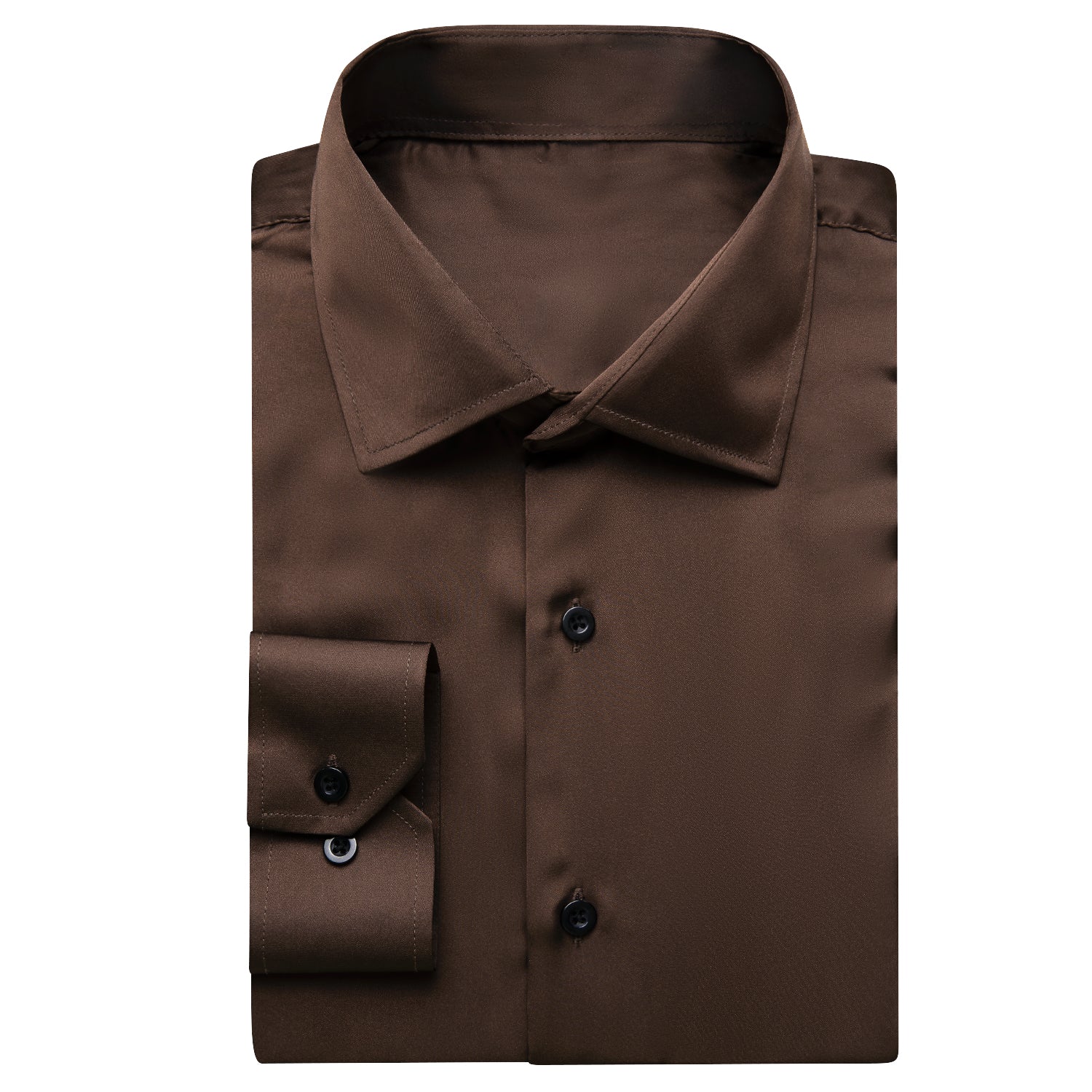 Dark Brown Solid Satin Chiffon Non-stretch Men's Long Sleeve Shirt