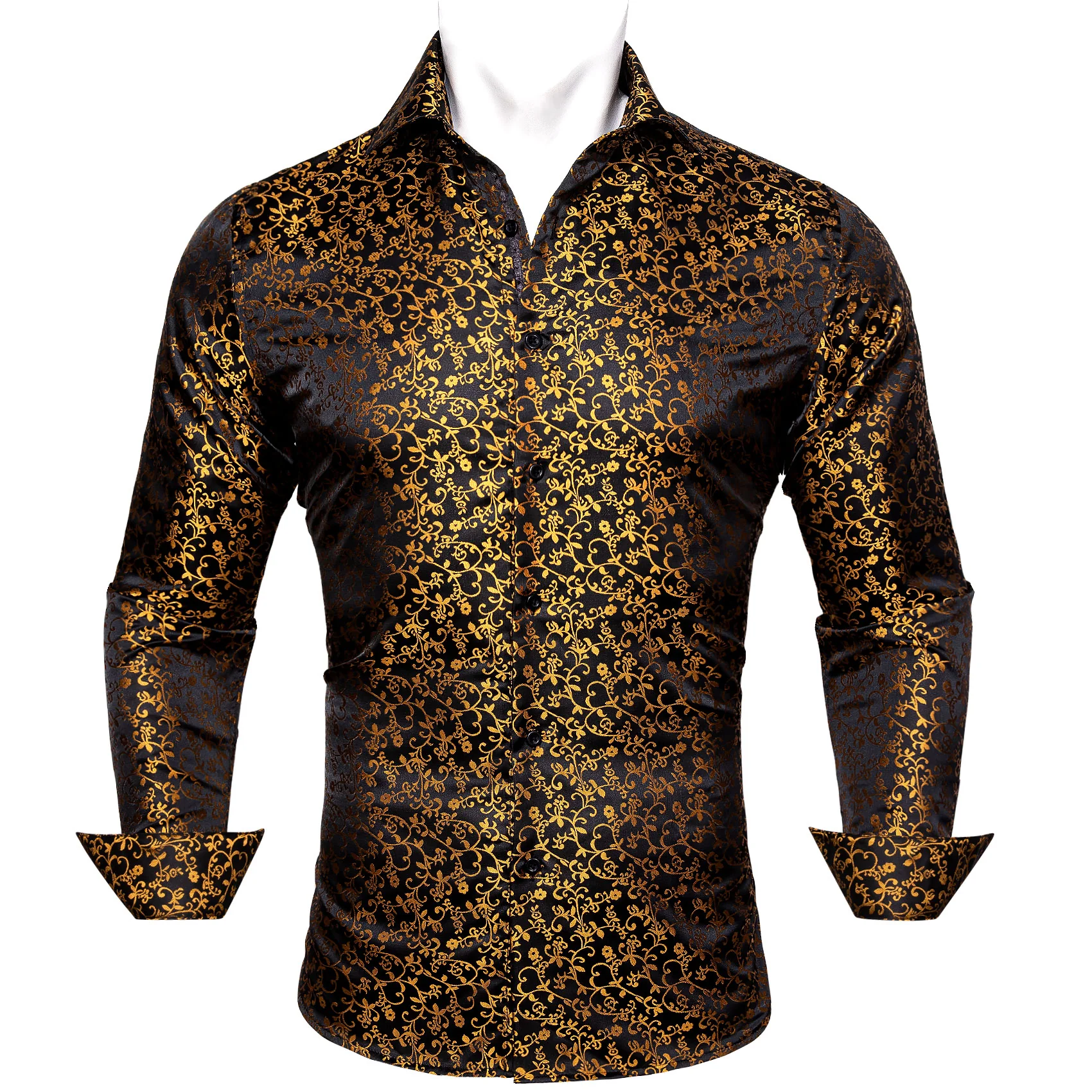 Black Golden Floral Style Silk Men's Long Sleeve Shirt