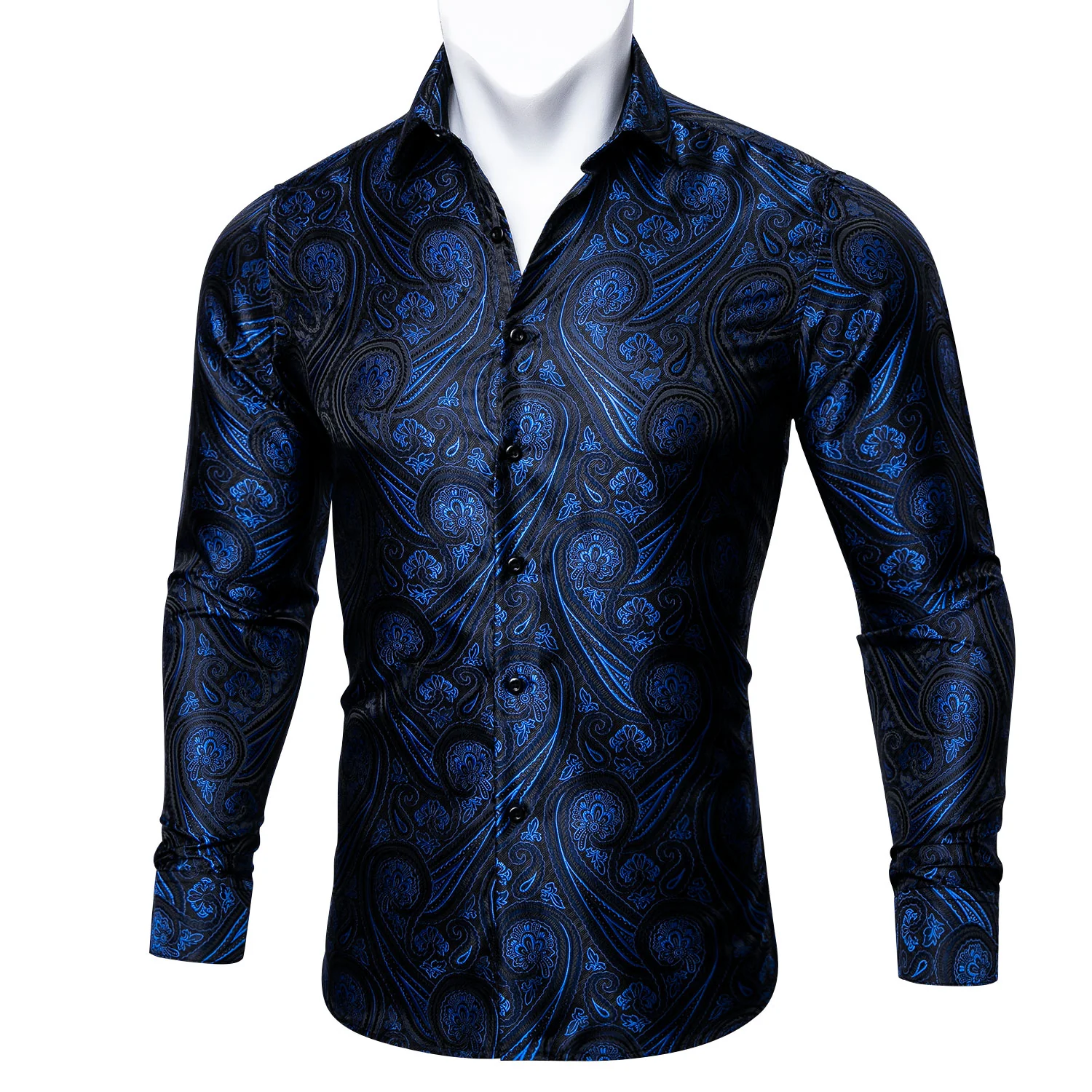 New Dark Blue Paisley Silk Men's Long Sleeve Shirt