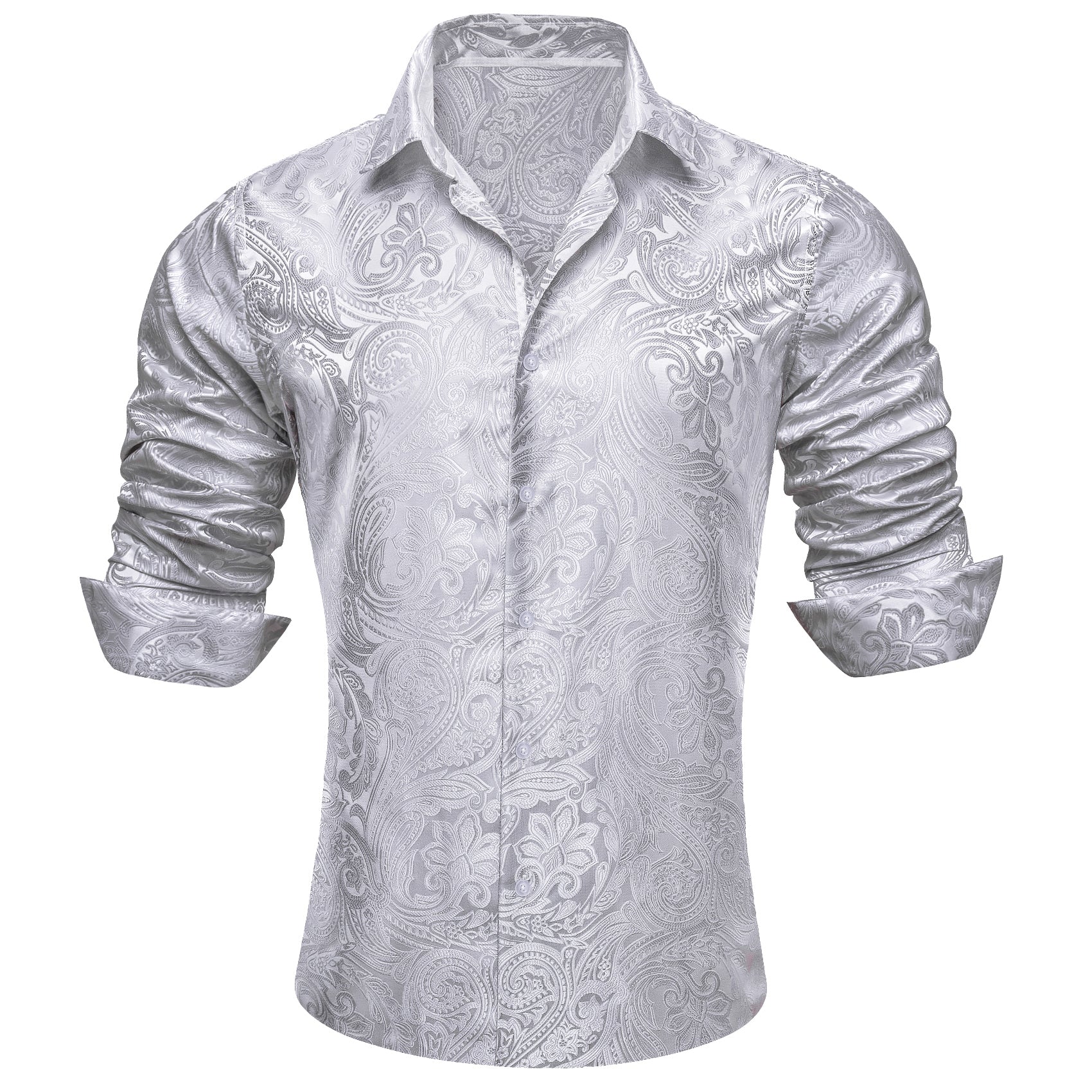 Classic Silver Paisley Silk Men's Long Sleeve Shirt
