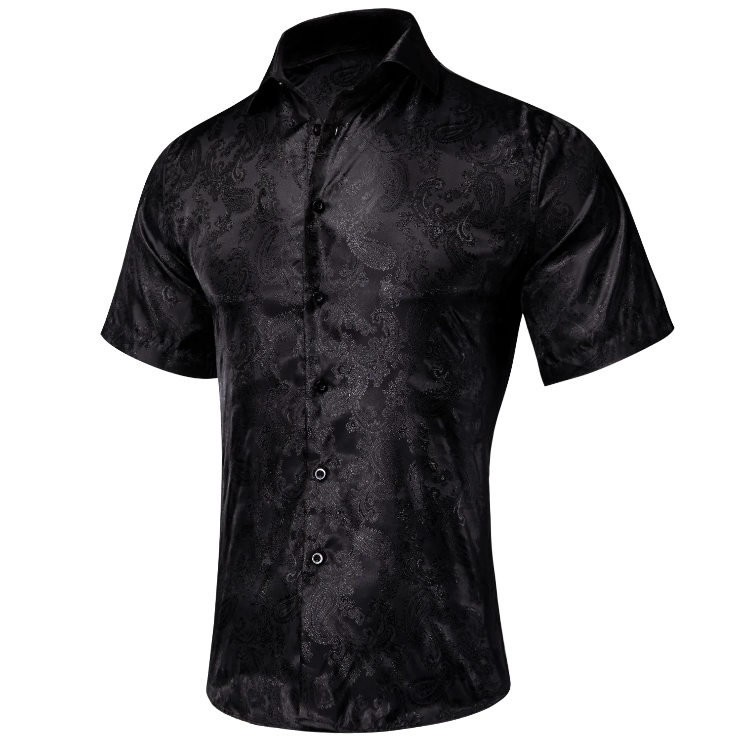 Pure Black Paisley Silk Men's Short Sleeve Shirt