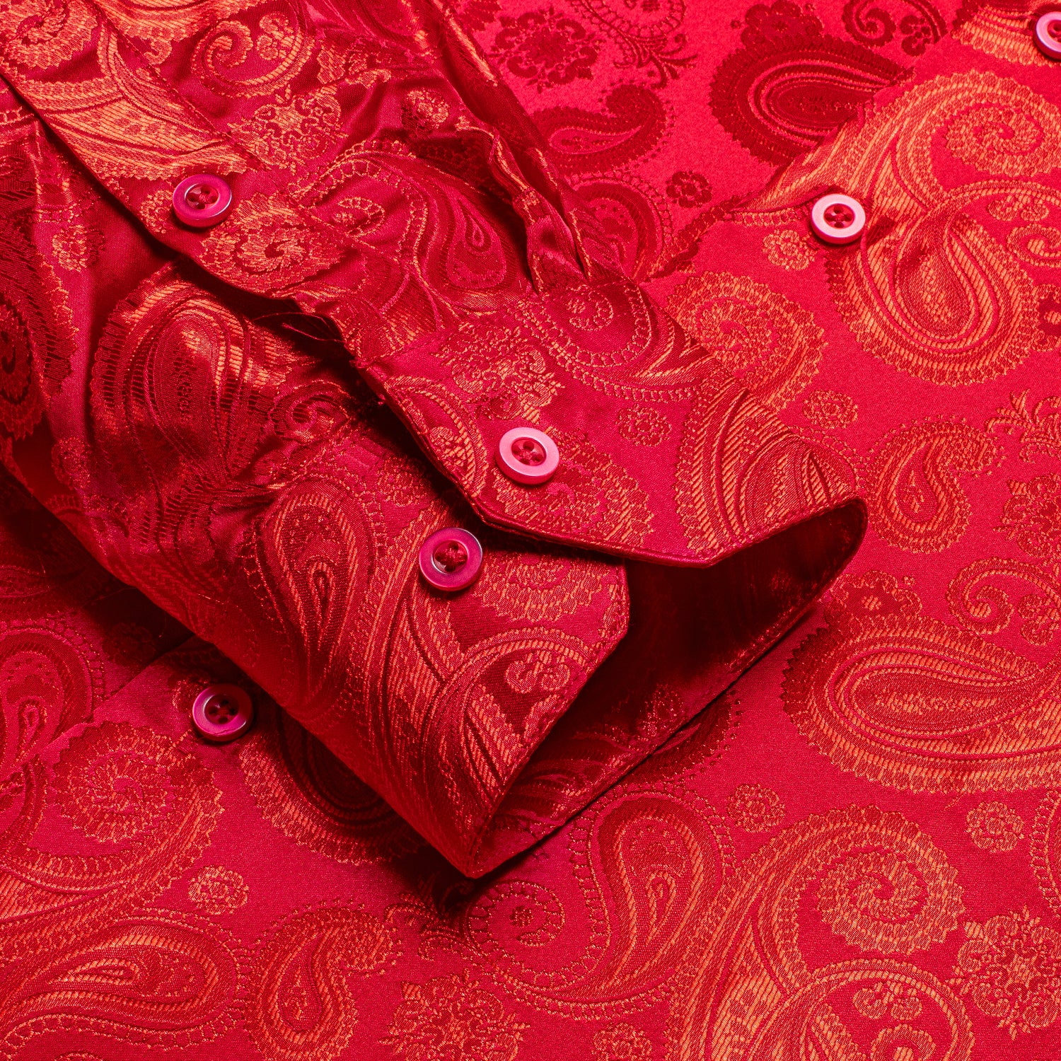 Pure Red Paisley Pattern Silk Men's Long Sleeve Shirt