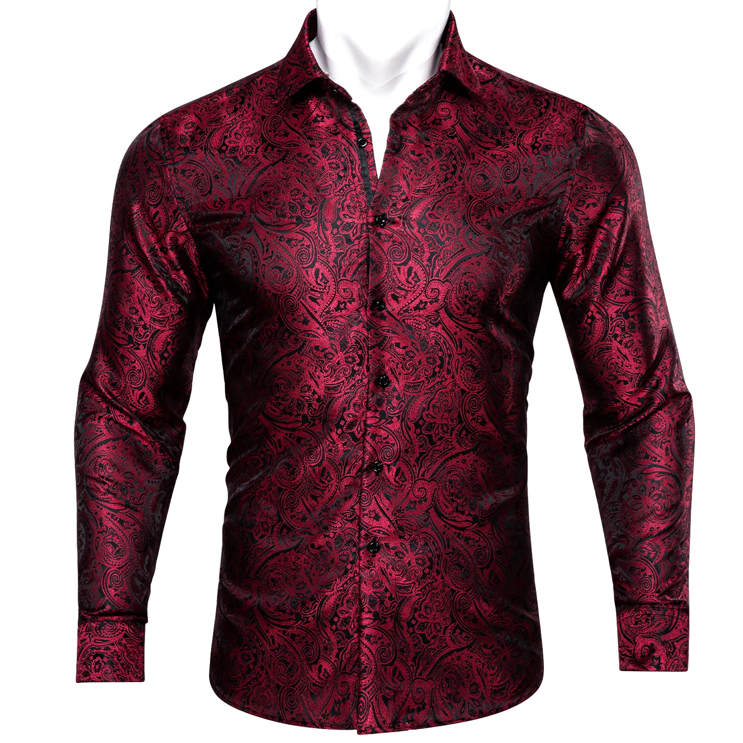 Red Black Paisley Silk Men's Long Sleeve Shirt