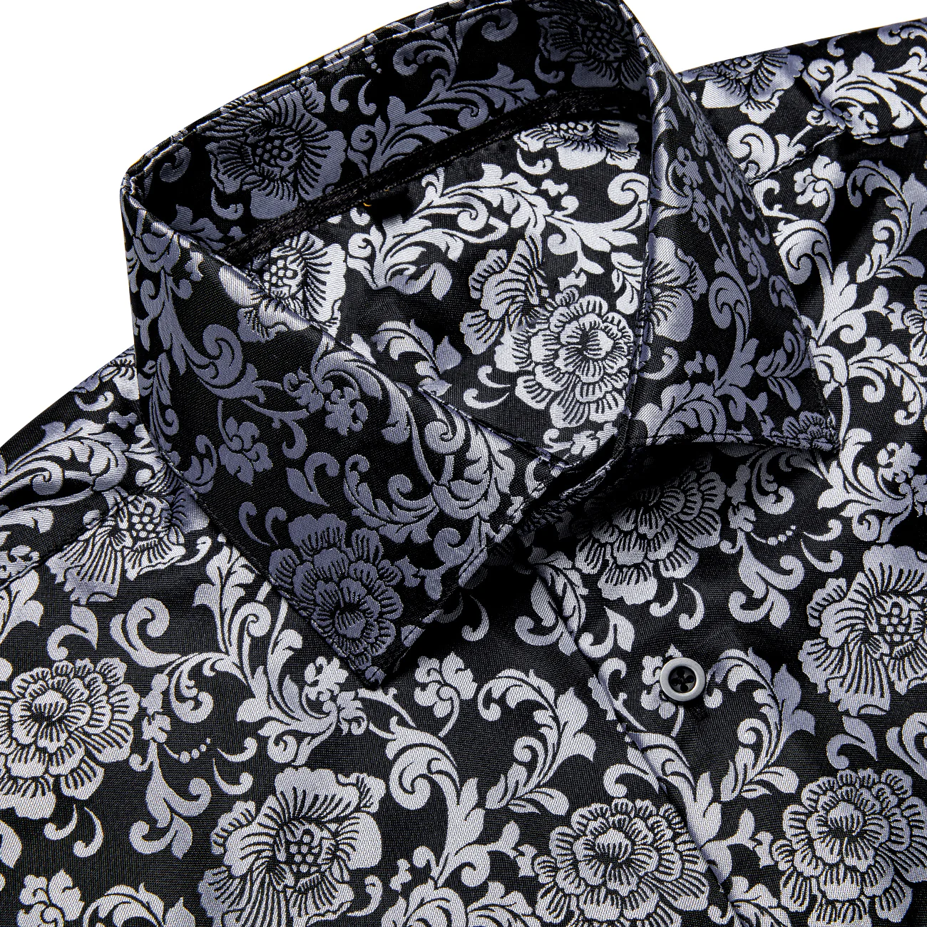Black White Floral Silk Men's Long Sleeve Shirt
