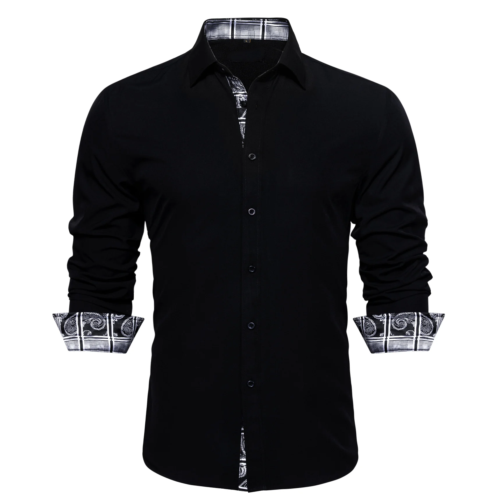 New Splicing Style Black with White Plaid Edge Men's Long Sleeve Shirt