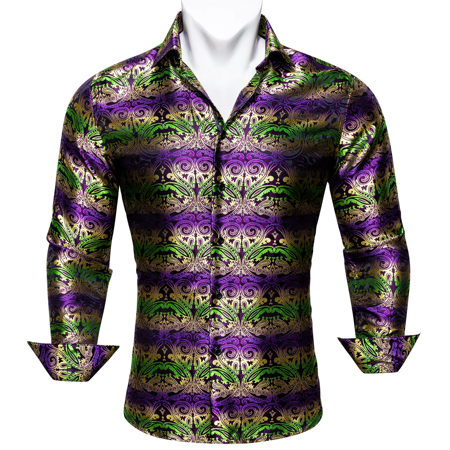 New Purple Green Brown Gradient Paisley Style Silk Men's Long Sleeve Shirt