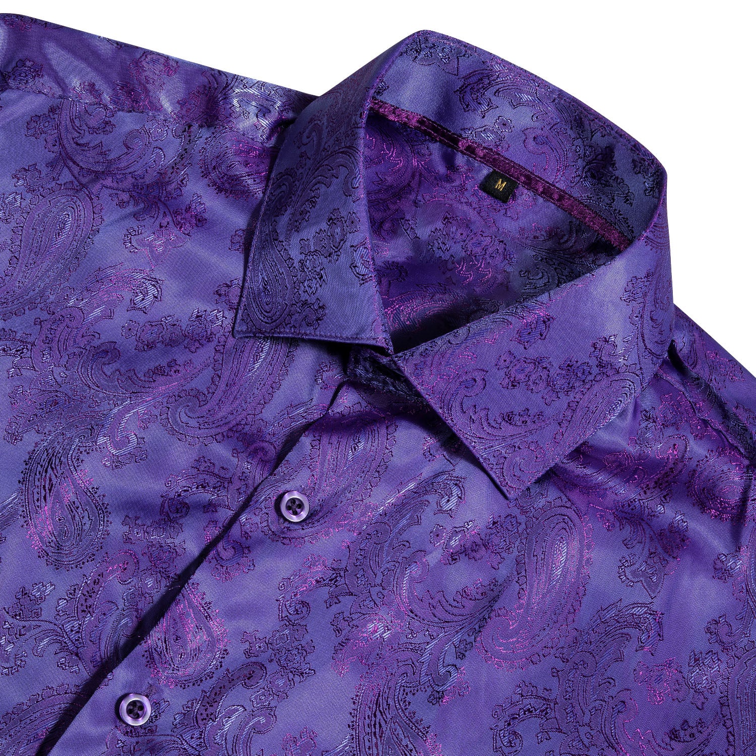 Shiny Blue Purple Paisley Pattern Silk Men's Long Sleeve Shirt