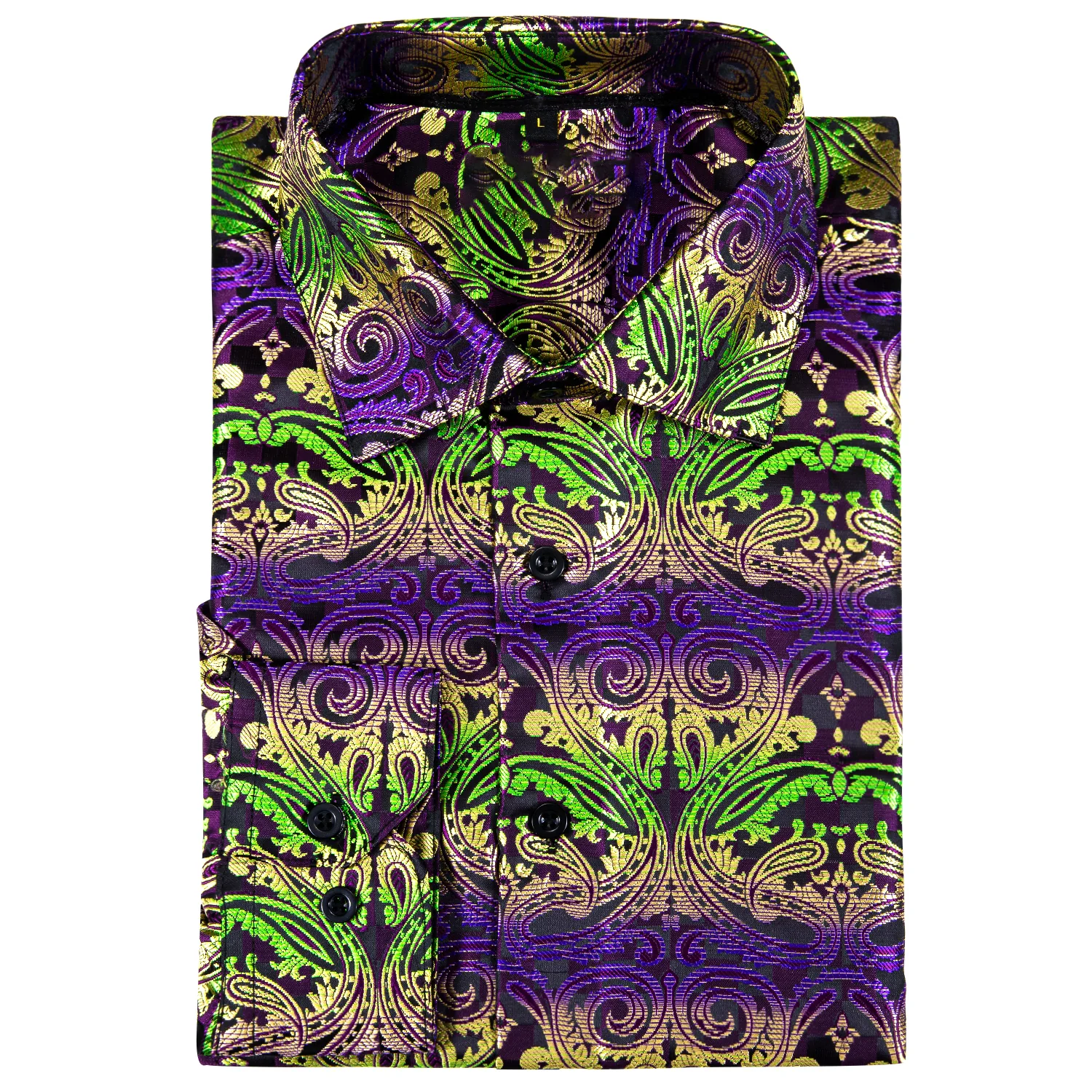 New Purple Green Brown Gradient Paisley Style Silk Men's Long Sleeve Shirt