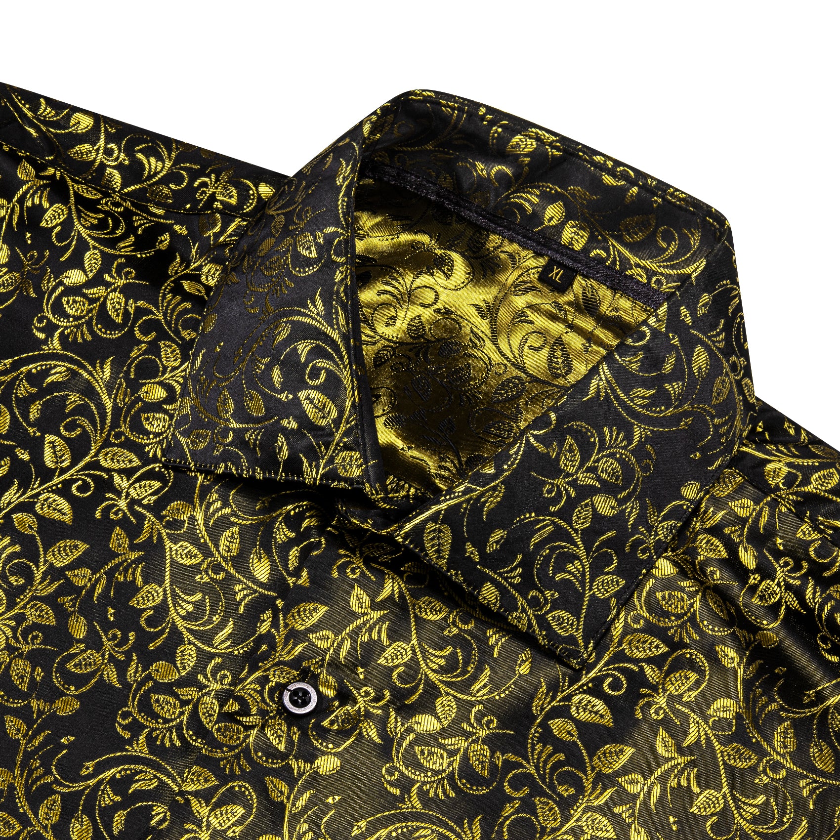 New Black Golden Floral Pattern Silk Men's Long Sleeve Shirt