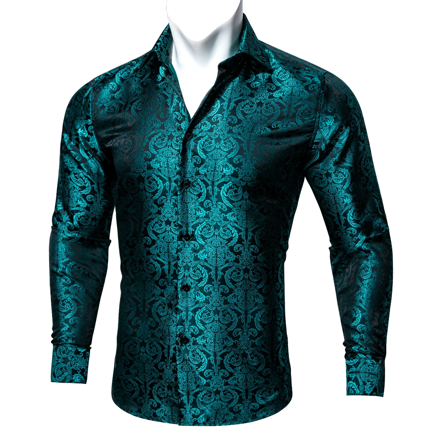 New Lake Blue Paisley Style Silk Men's Long Sleeve Shirt