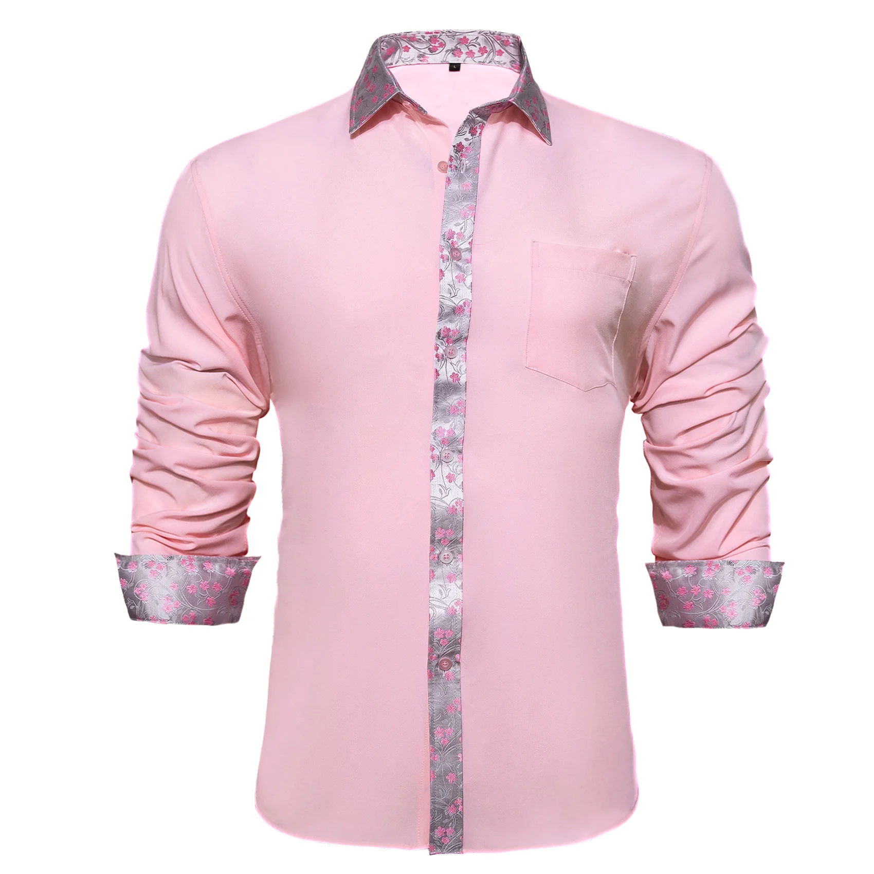 Splicing Style Pink with Pink Silver Floral Edge Men's Long Sleeve Shirt