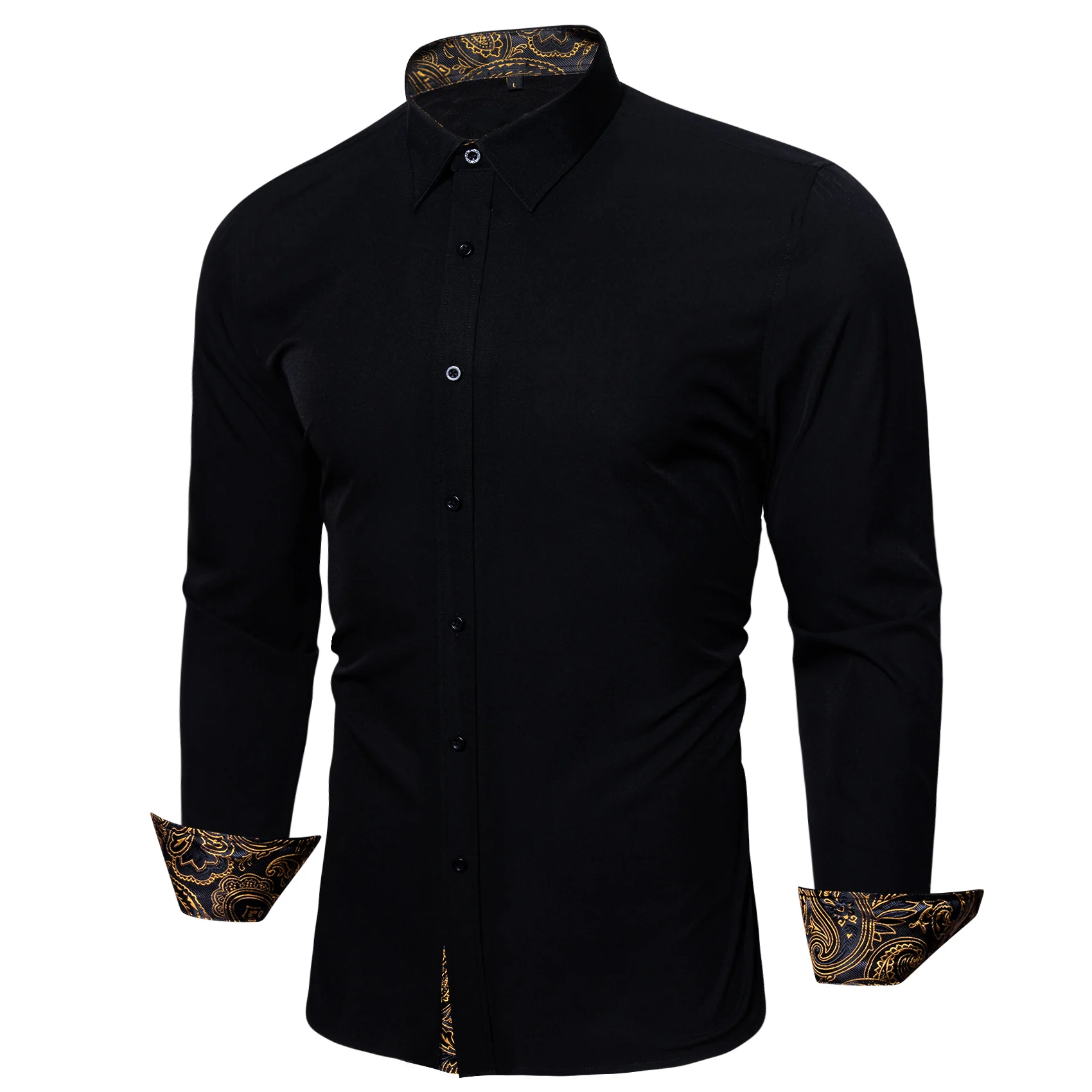 New Splicing Style Black with Golden Paisley Edge Men's Long Sleeve Shirt