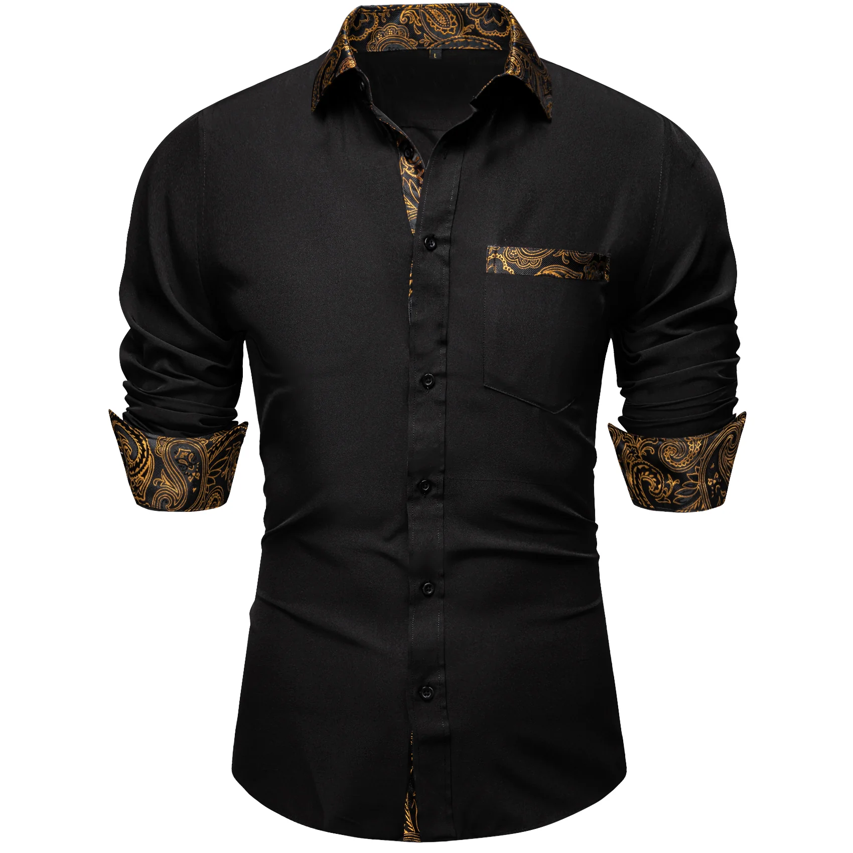 Splicing Style Black with Golden Paisley Edge Men's Solid Long Sleeve Shirt