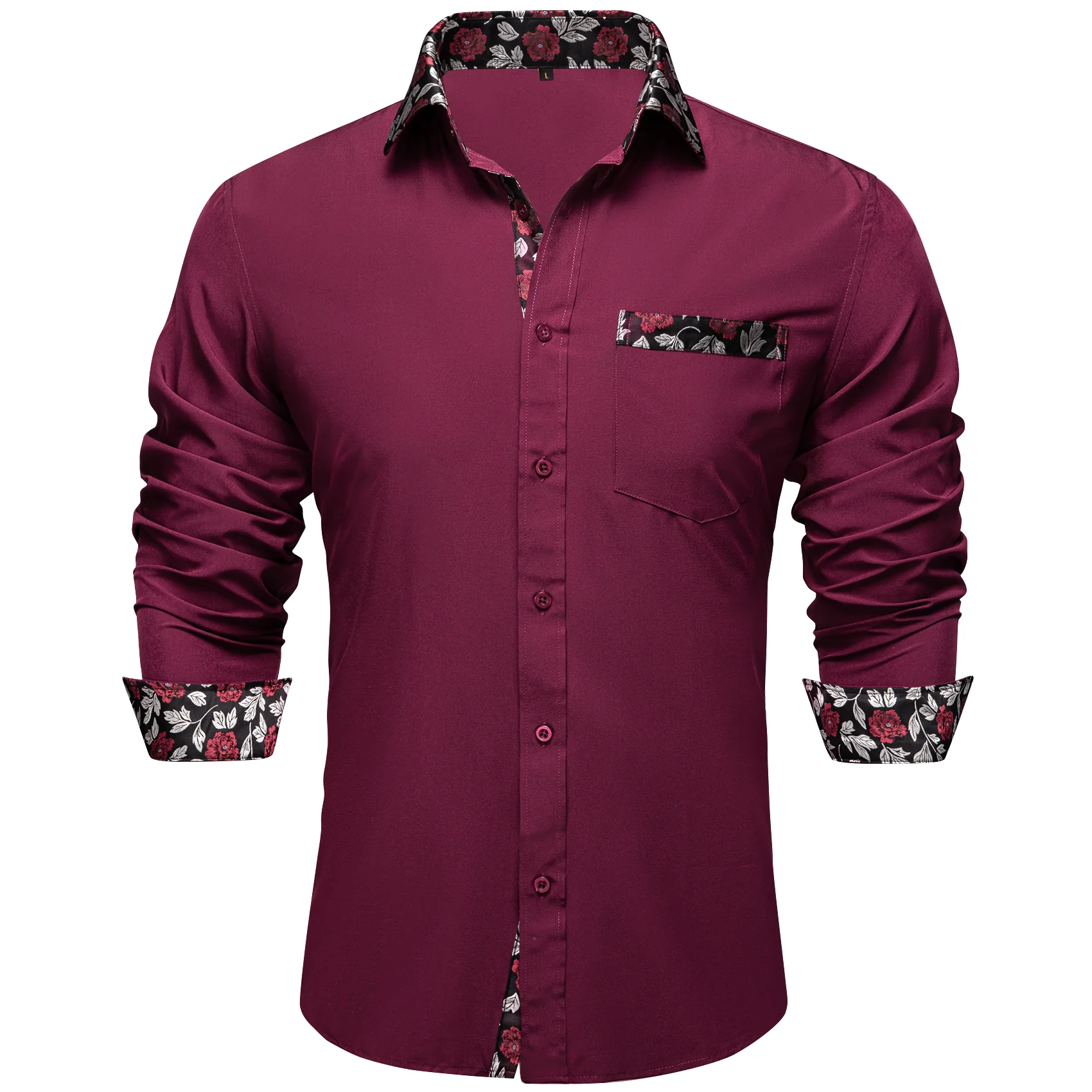 Splicing Style Burgundy Red with Black Floral Edge Men's Solid Long Sleeve Shirt