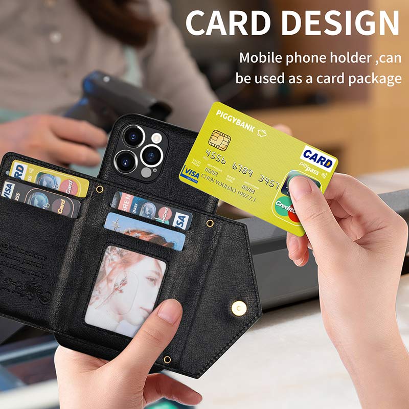 iPhone Wallet Case PU Protective Phone Bag Kickstand Cover Zipper Purse