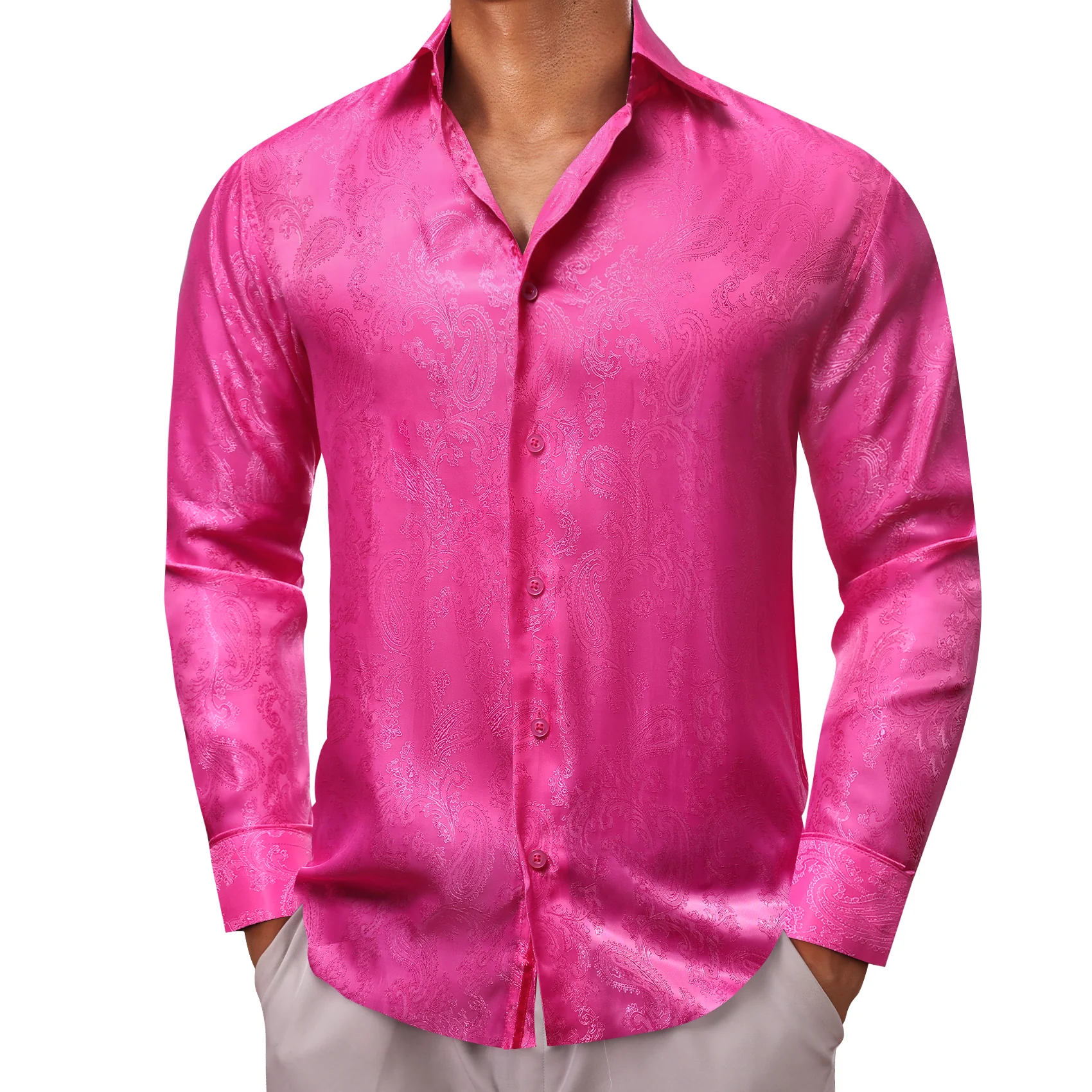 Rose Pink Paisley Men's Long Sleeve Casual Shirt