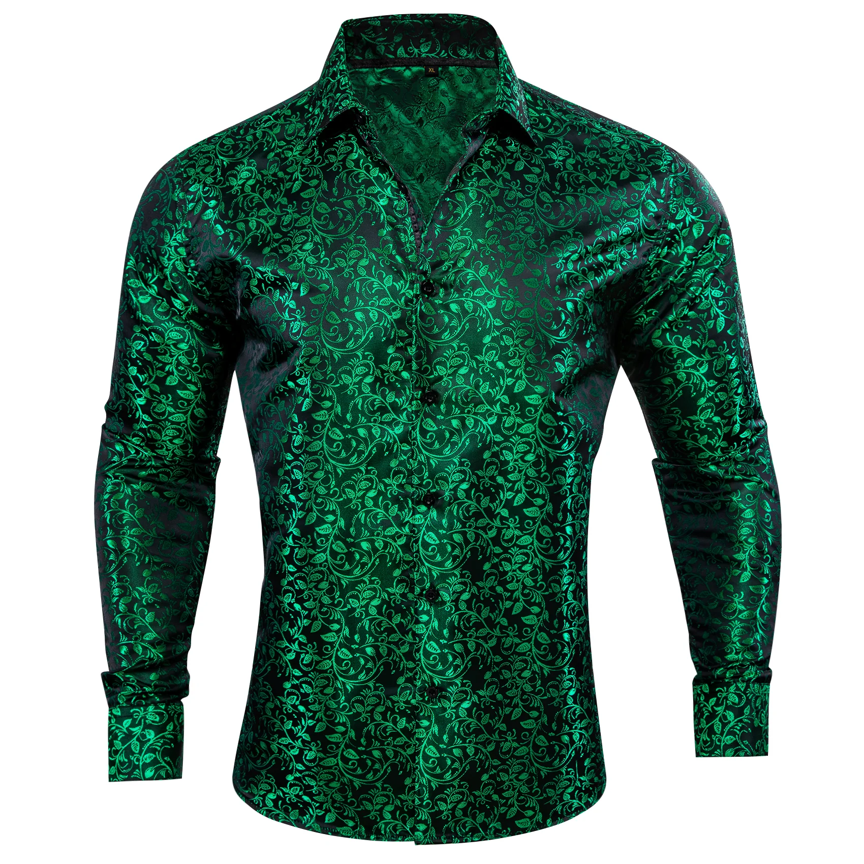 Black Green Floral Pattern Silk Men's Long Sleeve Shirt
