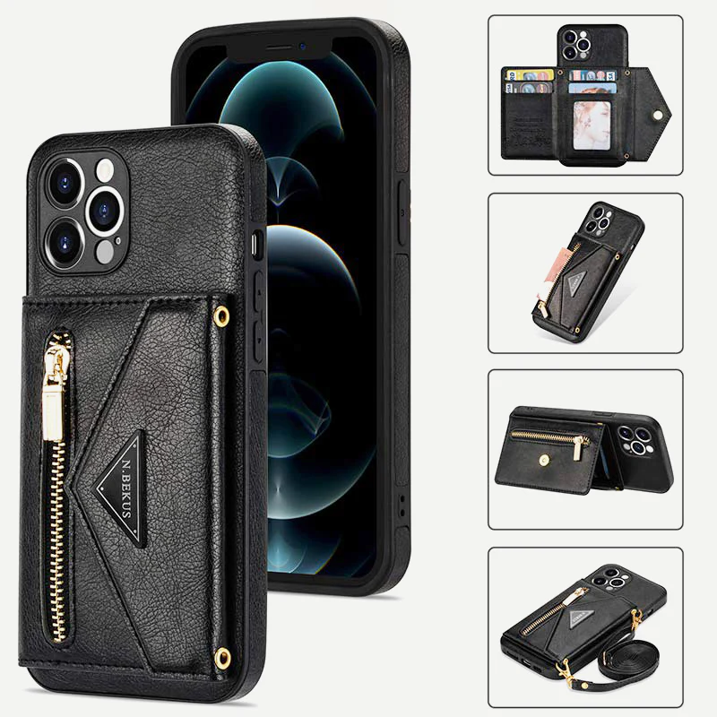 iPhone Wallet Case PU Protective Phone Bag Kickstand Cover Zipper Purse