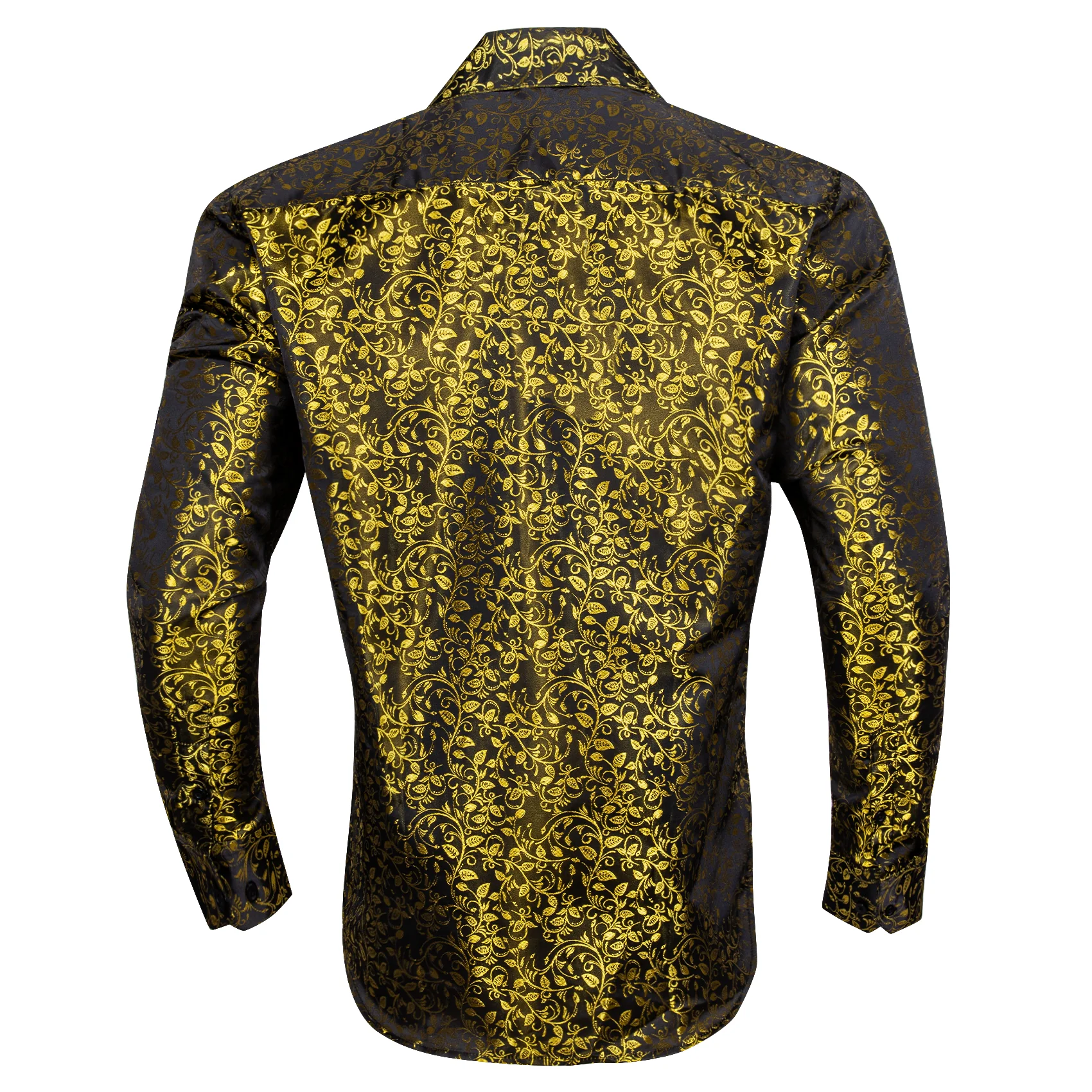 New Black Golden Floral Pattern Silk Men's Long Sleeve Shirt