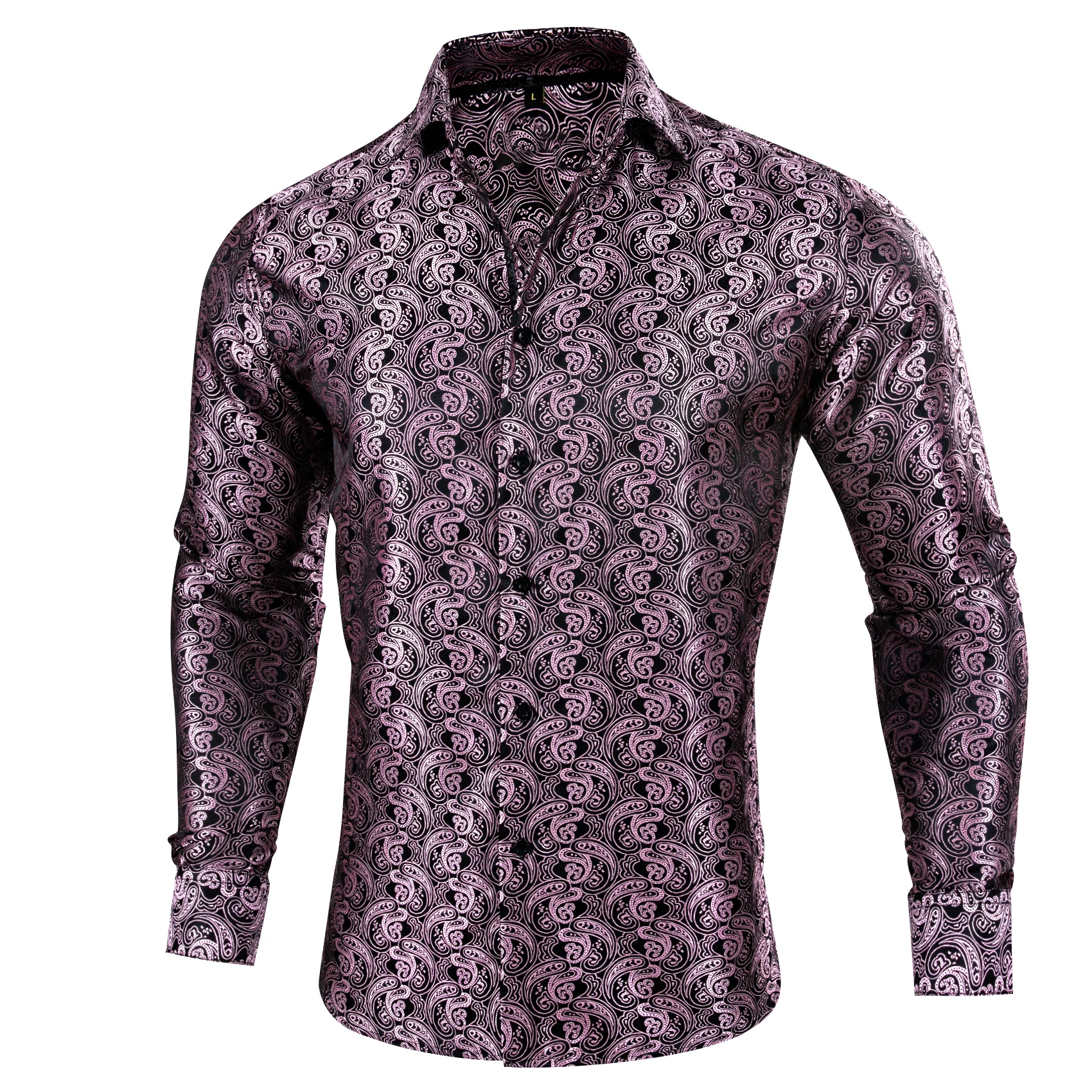 Pink Black Paisley Style Silk Men's Long Sleeve Shirt