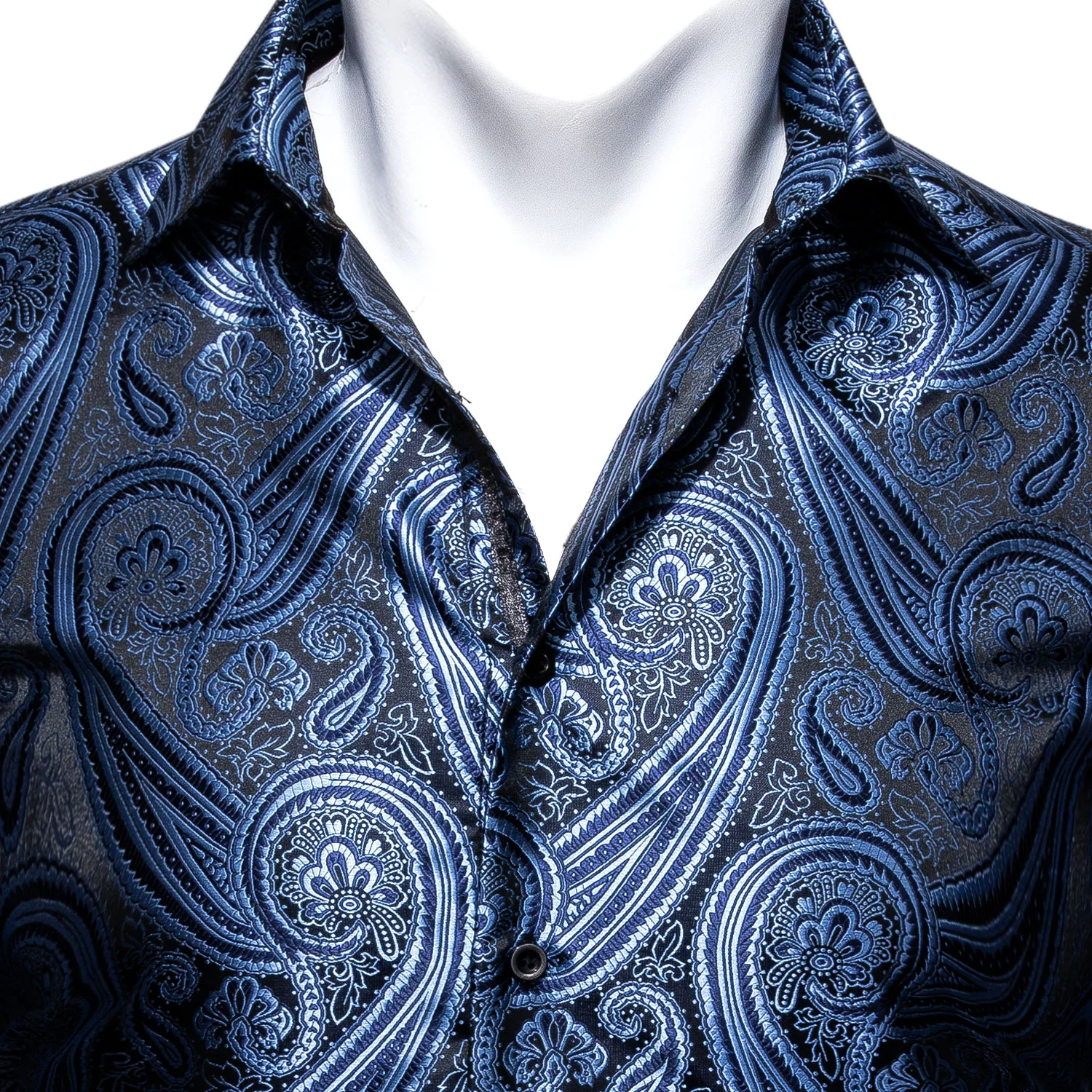 New Grey Blue Paisley Style Silk Men's Long Sleeve Shirt