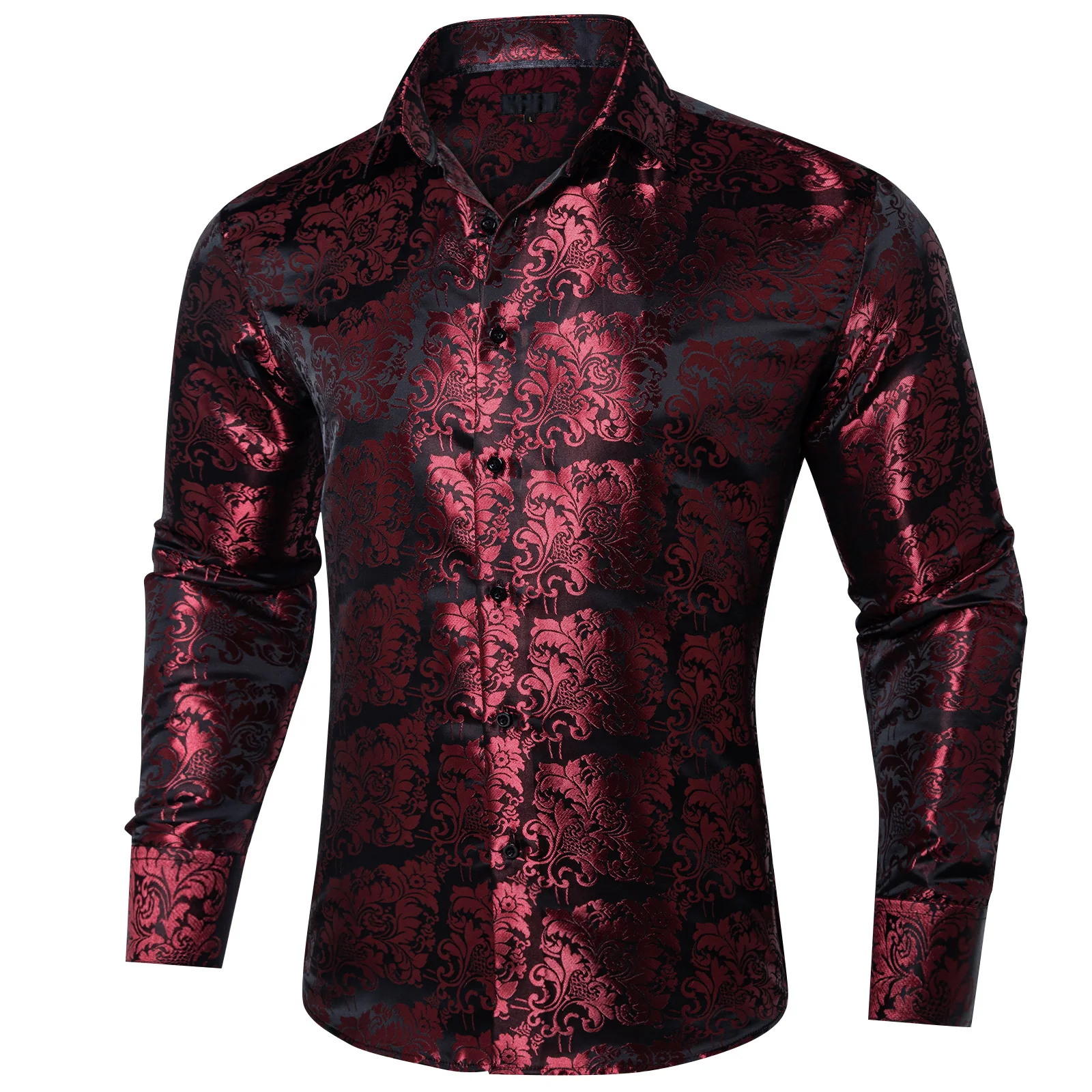 Maroon Floral Silk Men's Long Sleeve Shirt