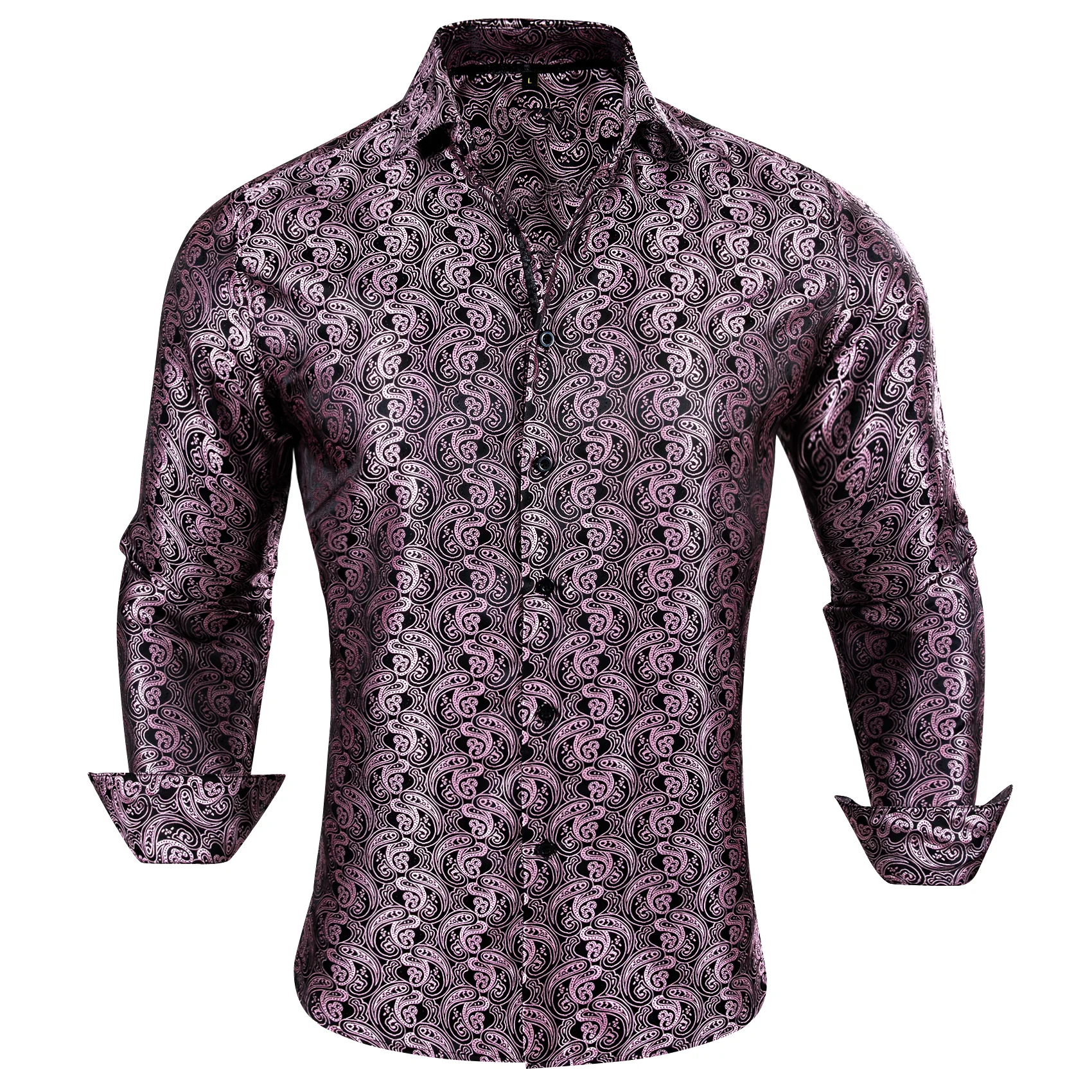 Pink Black Paisley Style Silk Men's Long Sleeve Shirt