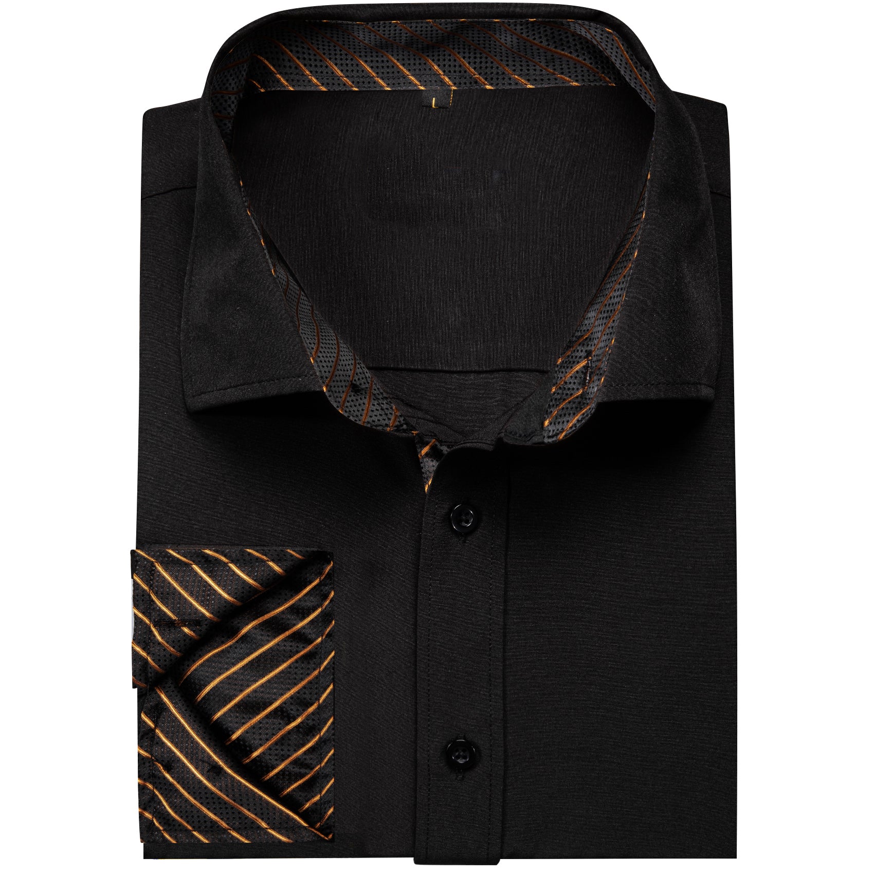Splicing Style Black with Golden Striped Edge Men's Solid Long Sleeve Shirt