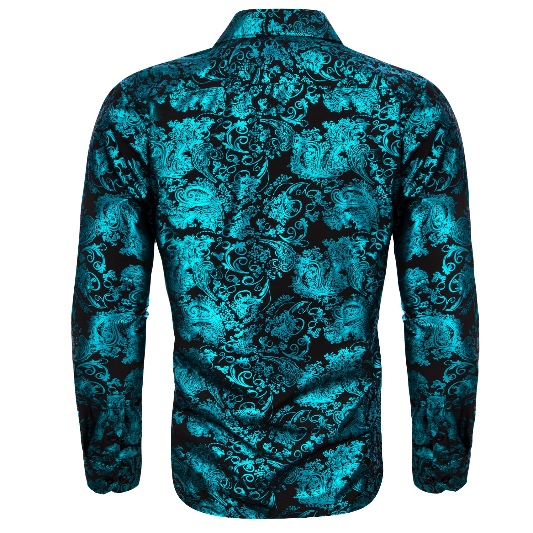 Teal Blue Green Floral Paisley Silk Men's Long Sleeve Shirt
