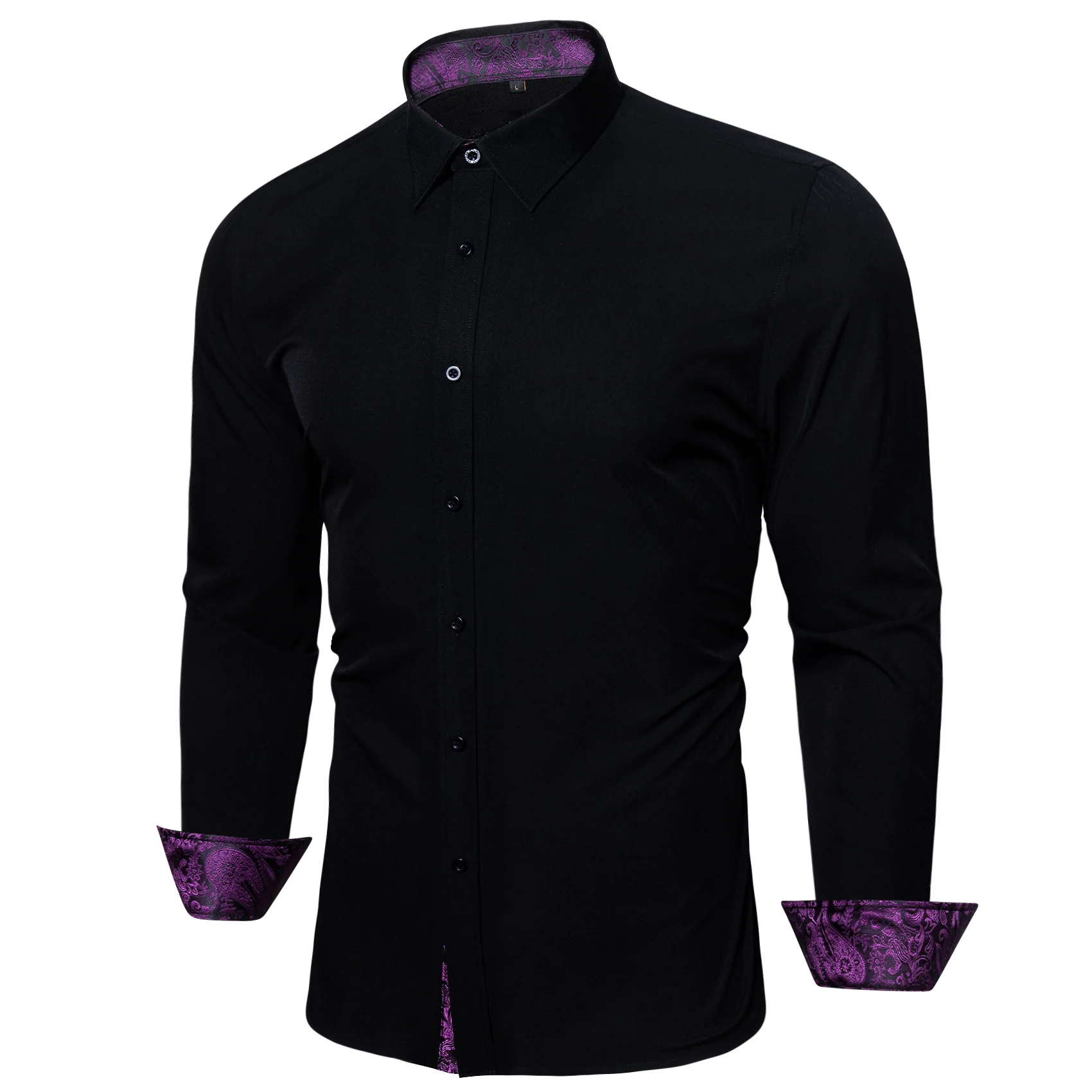 New Splicing Style Black with Purple Paisley Edge Men's Long Sleeve Shirt