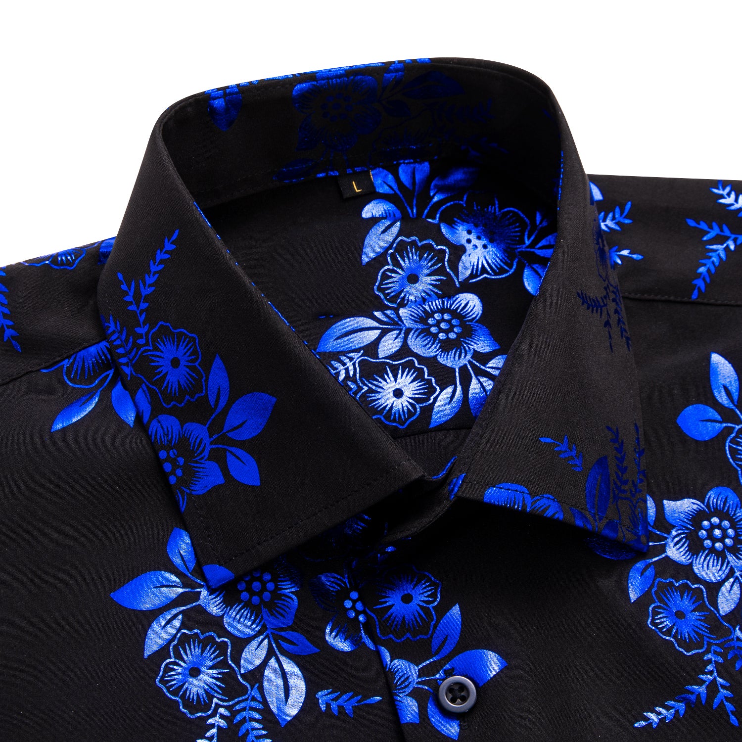 New Black Shirt with Blue Floral Silk Men's Short Sleeve Shirt