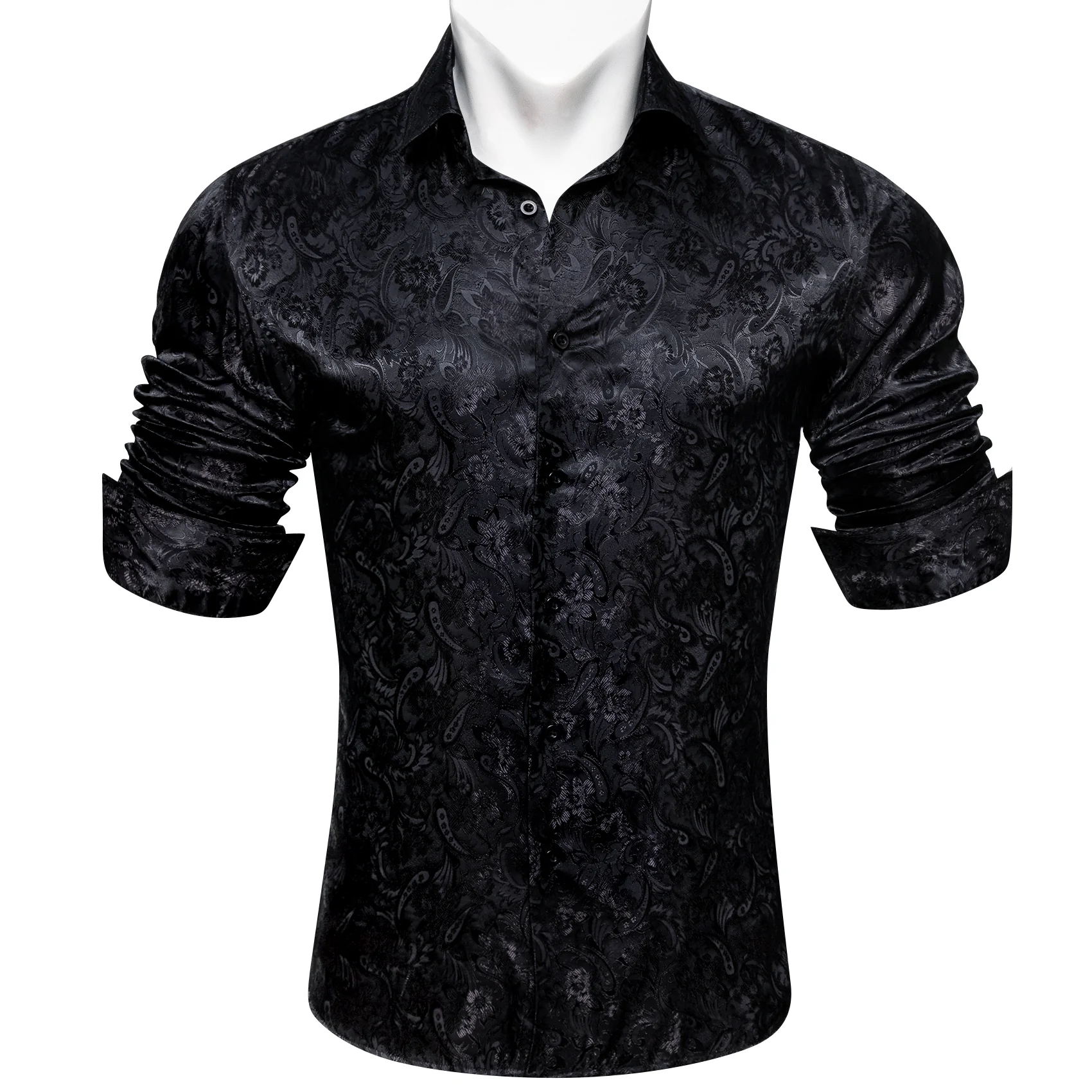 Black Floral Silk Men Long Sleeve Shirt
