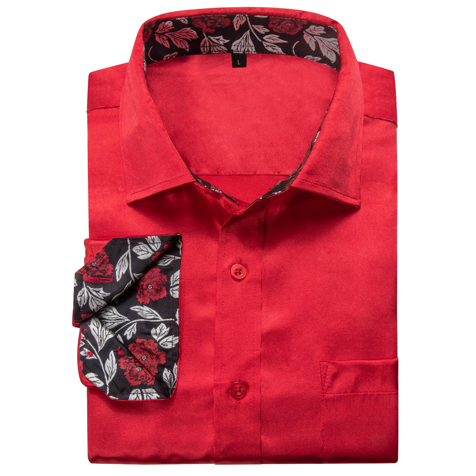 New Splicing Style Red with Black Floral Edge Men's Long Sleeve Shirt