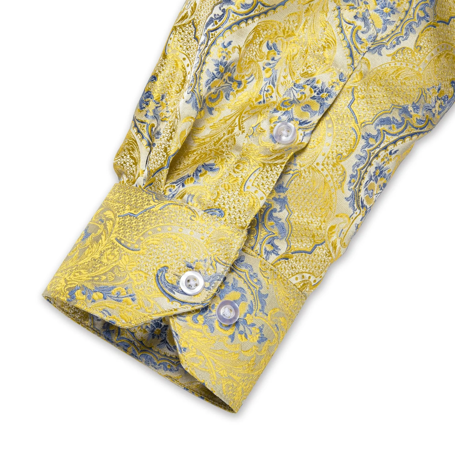 Yellow Light Blue Floral Pattern Silk Men's Long Sleeve Shirt