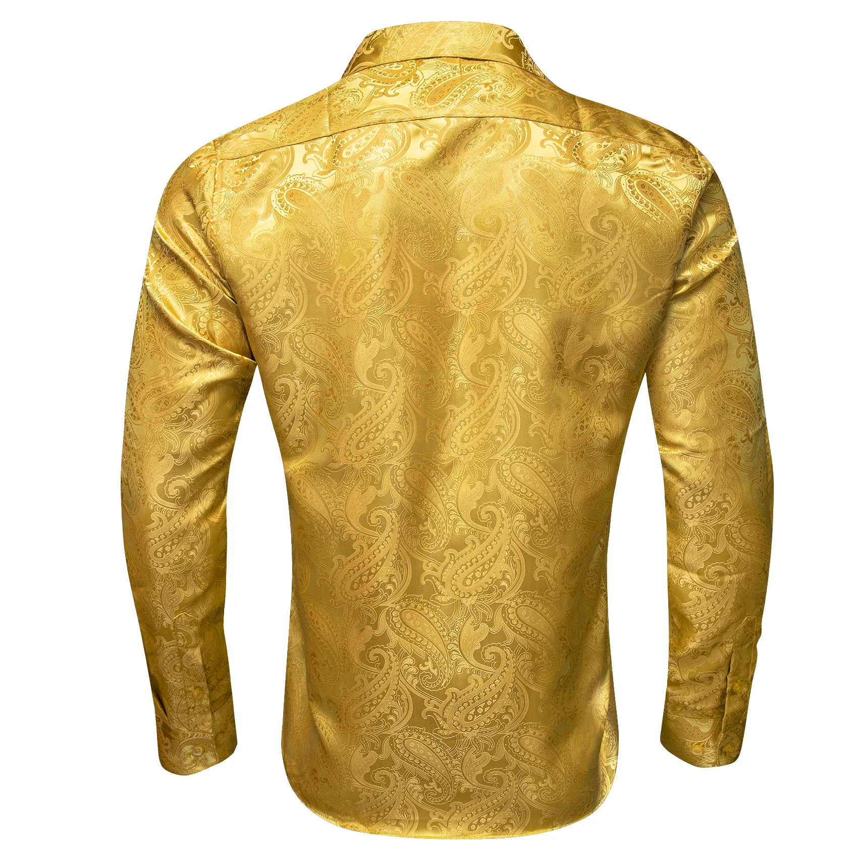 Yellow Gold Paisley Flower Pattern Silk Men's Long Sleeve Shirt