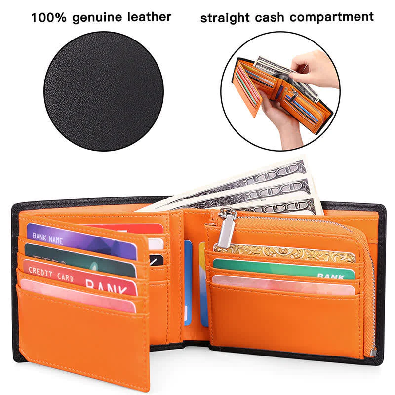 Men's Cowhide Leather RFID Blocking Bifold Wallet Stylish Anti Theft Wallets