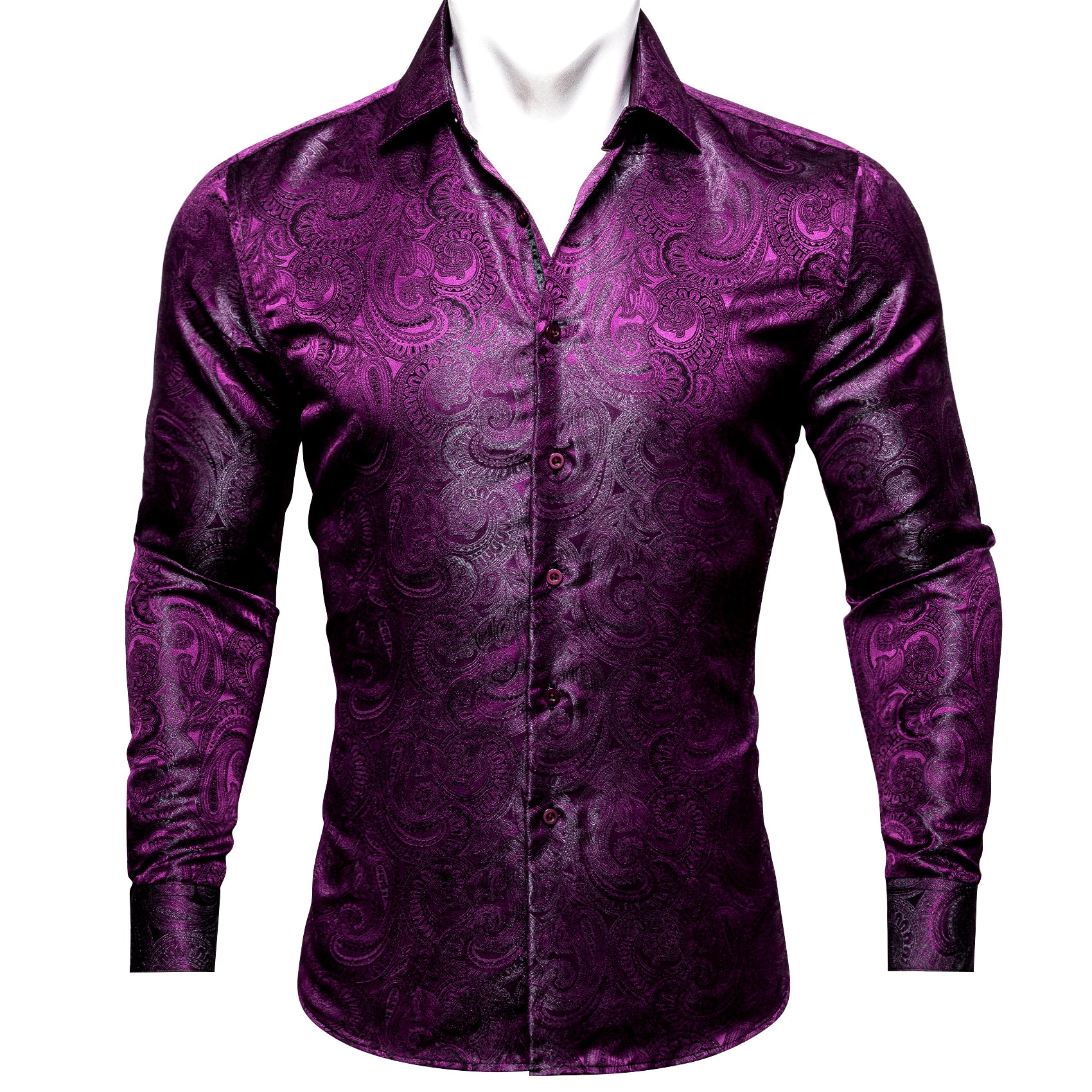 New Purple Luxury Paisley Pattern Silk Men's Long Sleeve Shirt