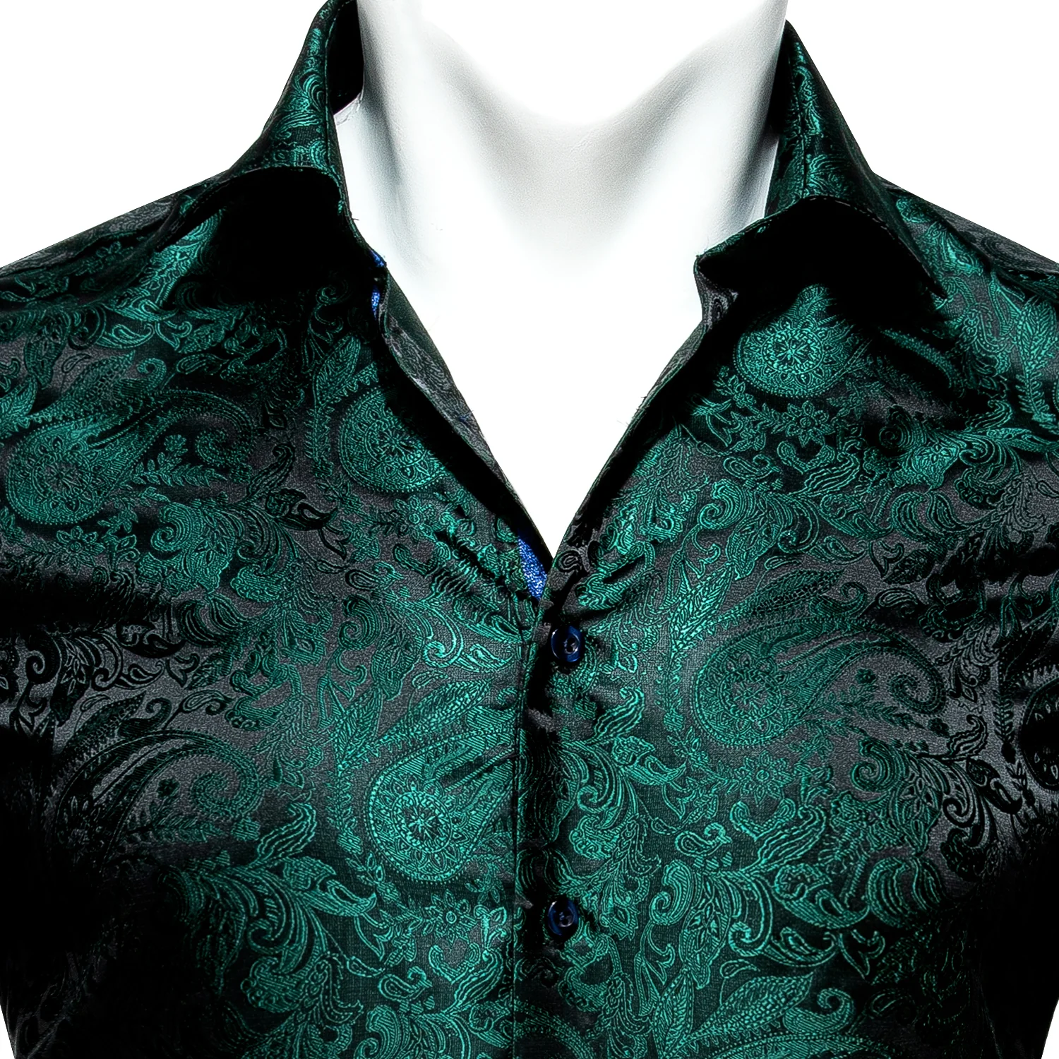 Black Green Paisley Style Silk Men's Long Sleeve Shirt
