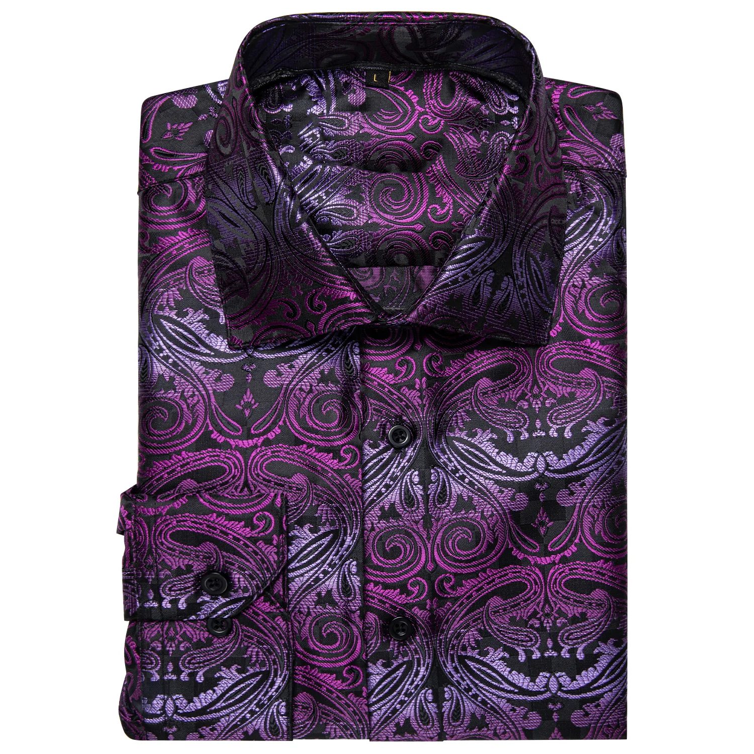 Black Gradient Purple Paisley Silk Men's Long Sleeve Shirt