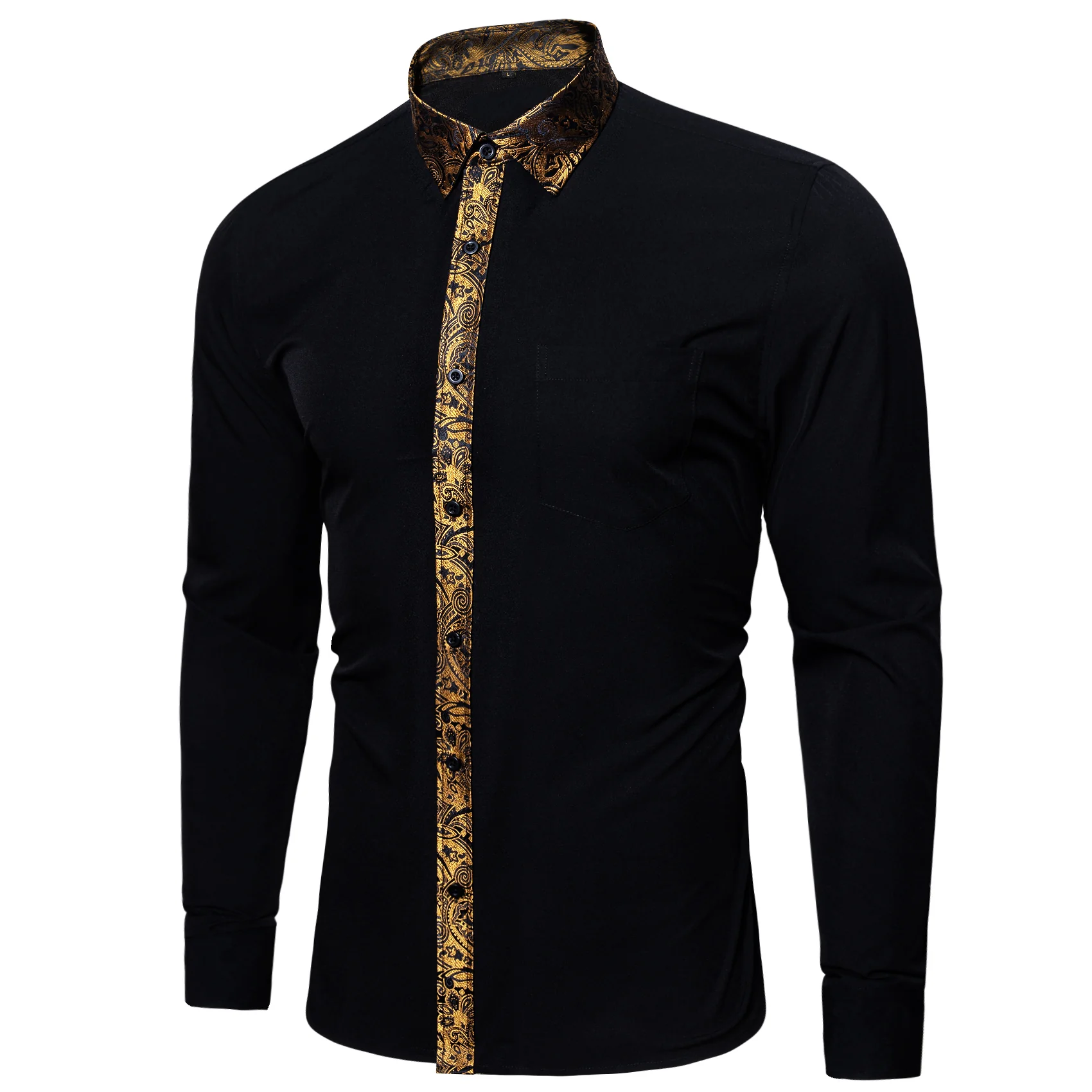 Splicing Style Black with Golden Paisley Edge Men's Long Sleeve Shirt