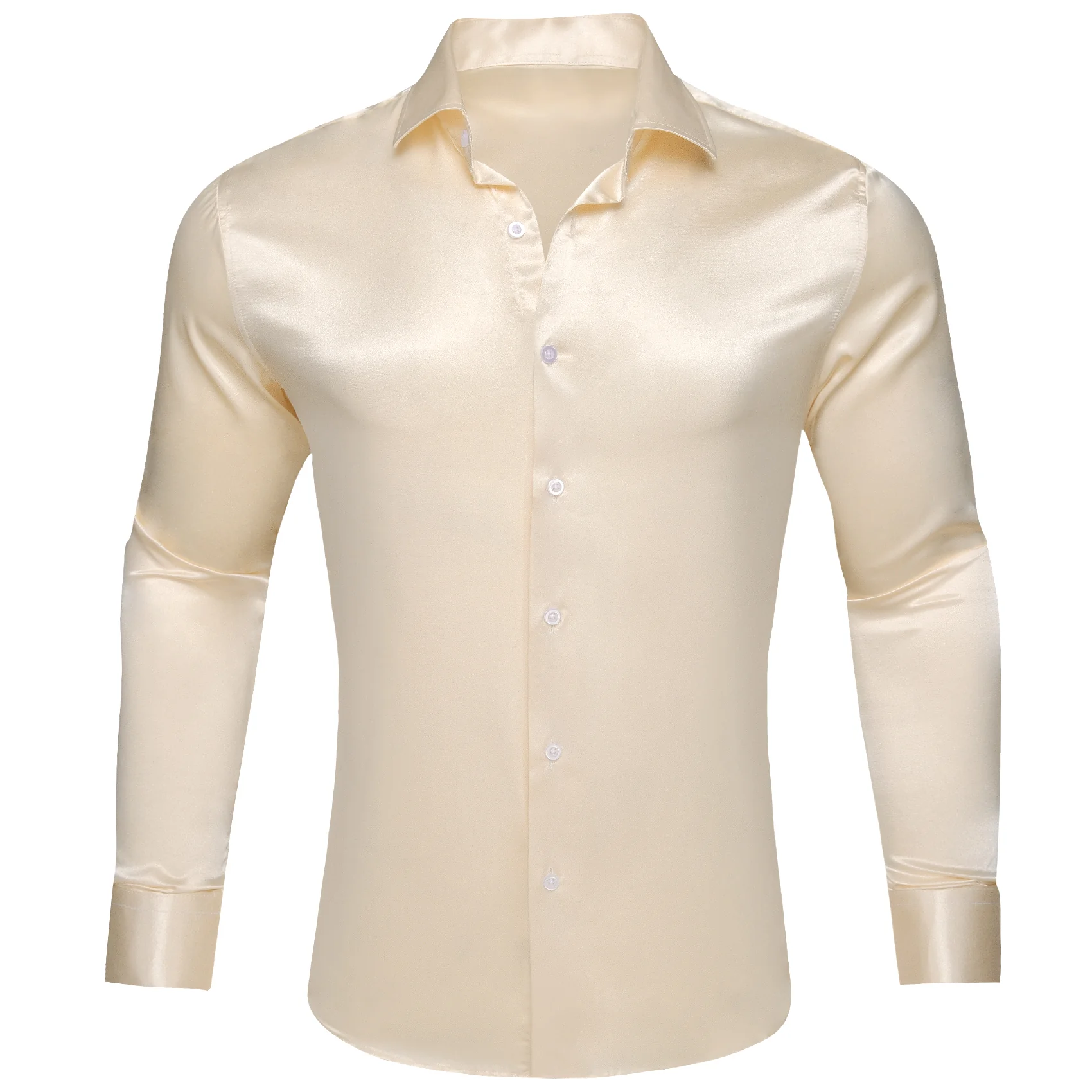 Beige Satin Solid Silk Men's Long Sleeve Shirt