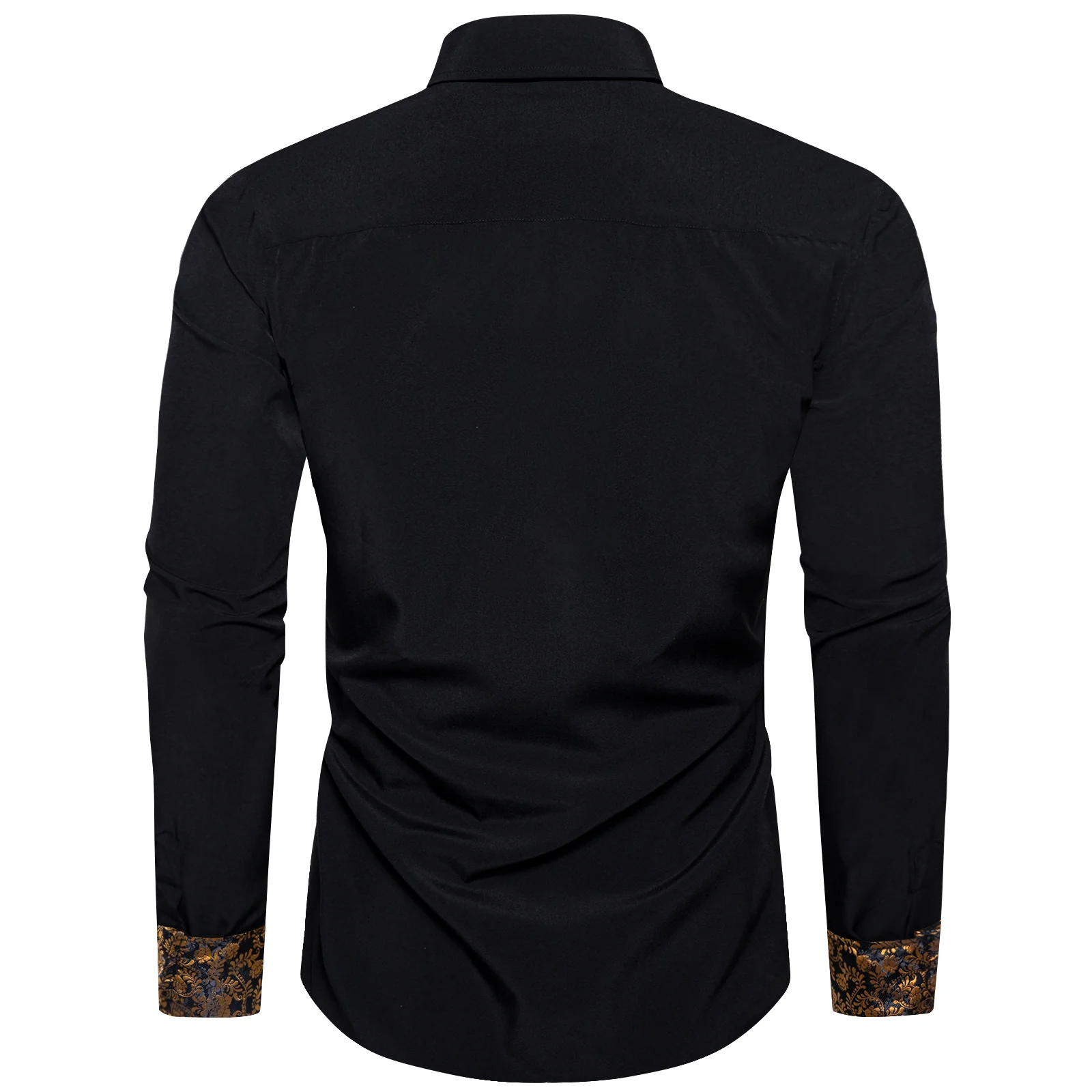 Splicing Style Black with Golden Floral Edge Men's Solid Long Sleeve Shirt